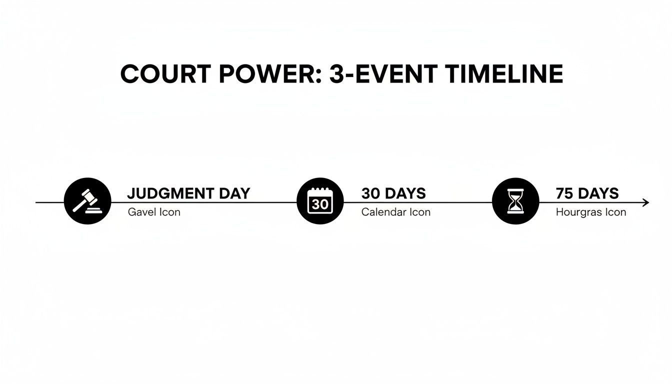 A black and white timeline illustrating three court power events: Judgment Day, 30 days, and 75 days.