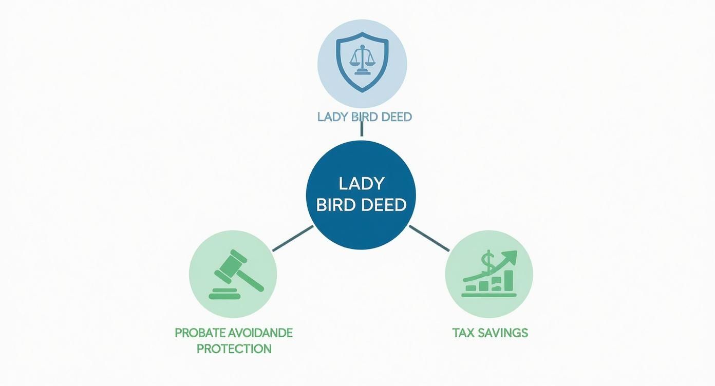 Diagram illustrating the benefits of a Lady Bird Deed, including legal protection, probate avoidance, and tax savings.
