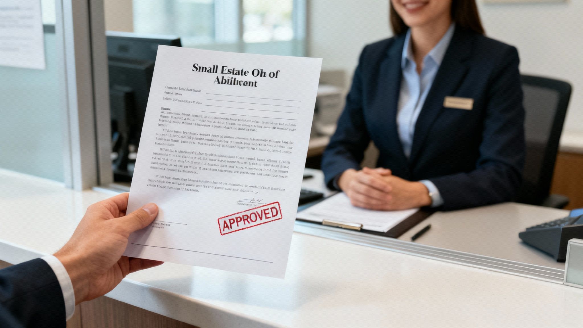 A person signing documents at a desk with a serious and focused expression.