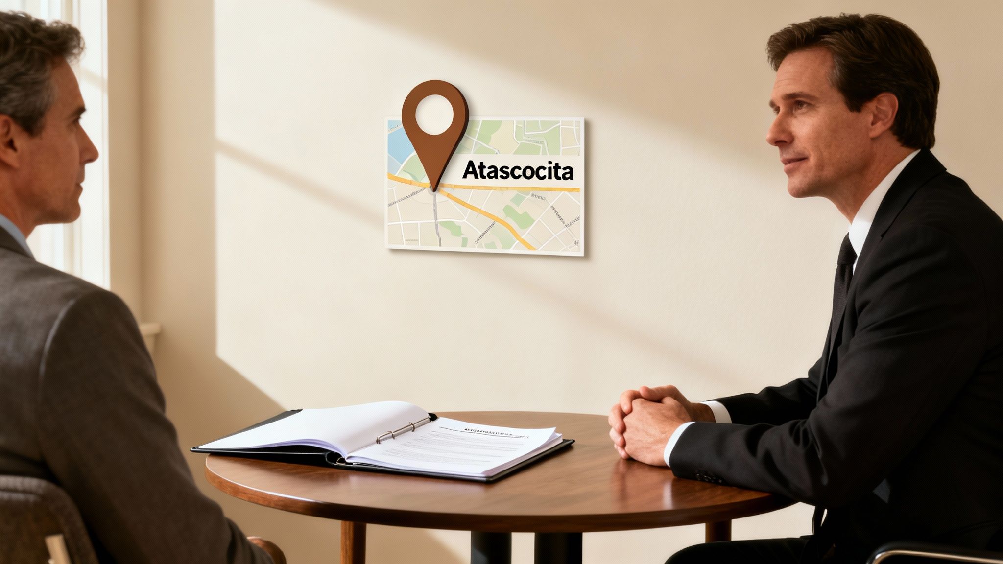 Two businessmen in suits having a meeting, with a map of Atascocita on the wall.