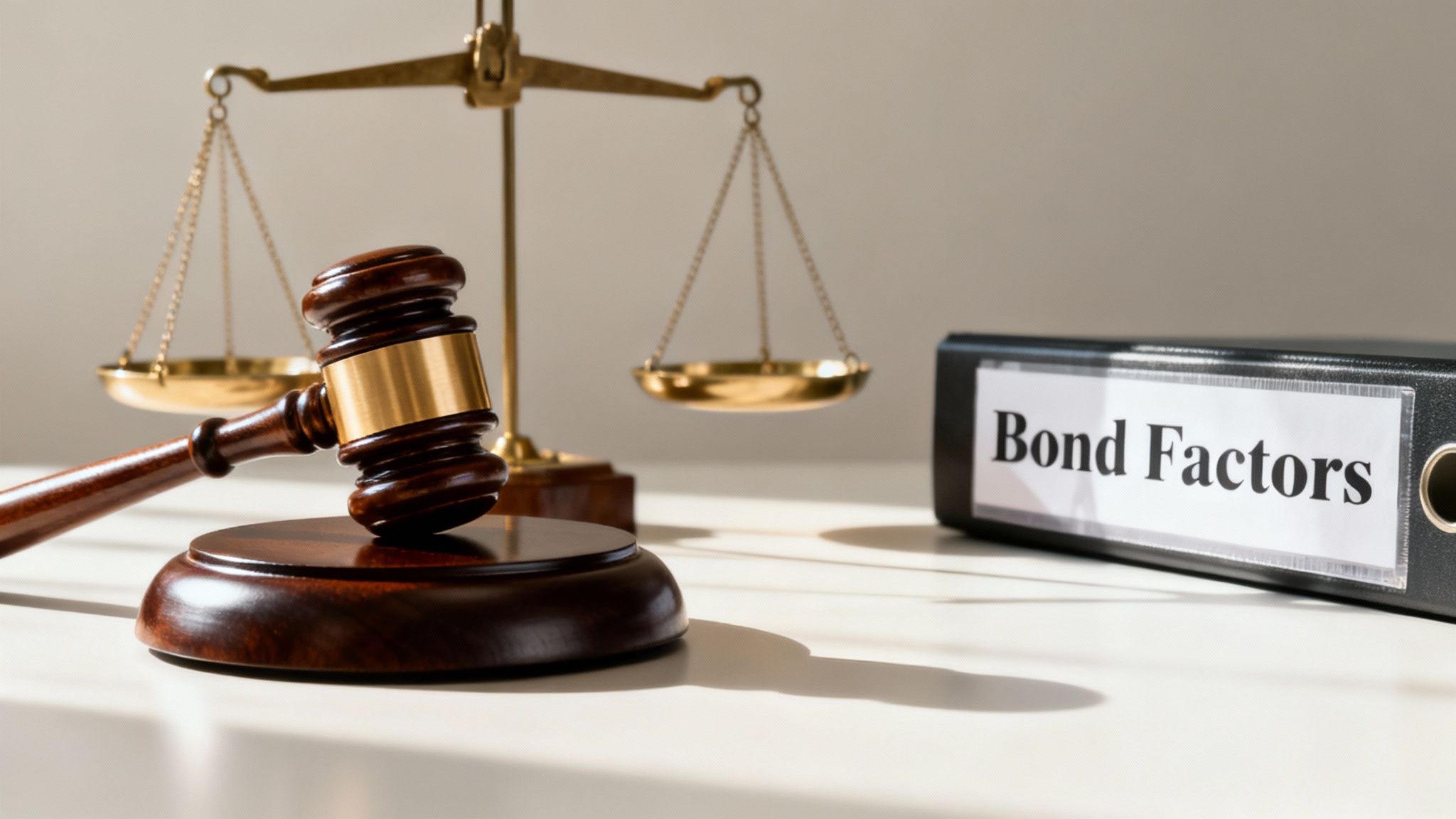 Gavel on wooden block with scales of justice and binder labeled "Bond Factors," symbolizing legal considerations in Texas bond hearings.