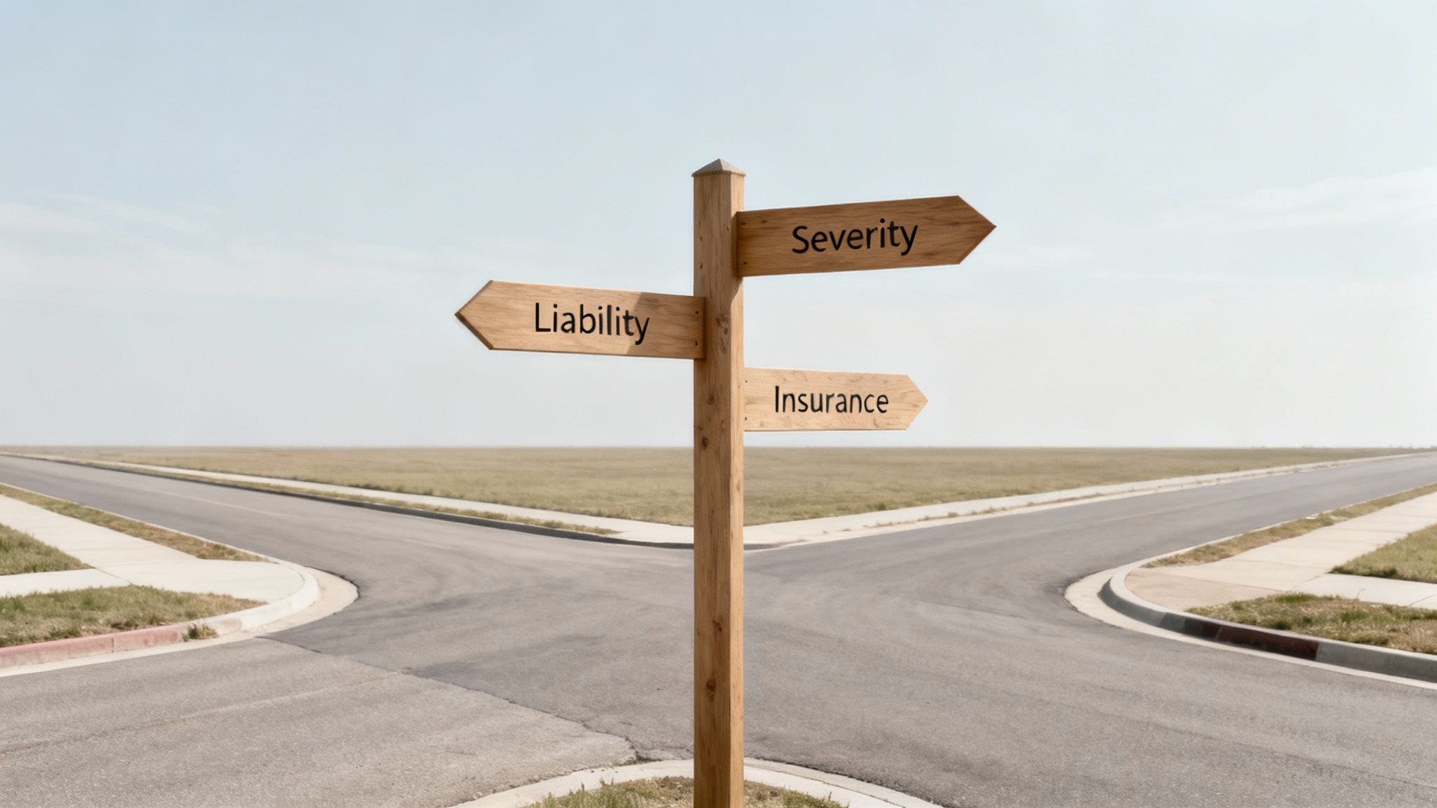A wooden signpost at a crossroads showing directions for Liability, Severity, and Insurance.