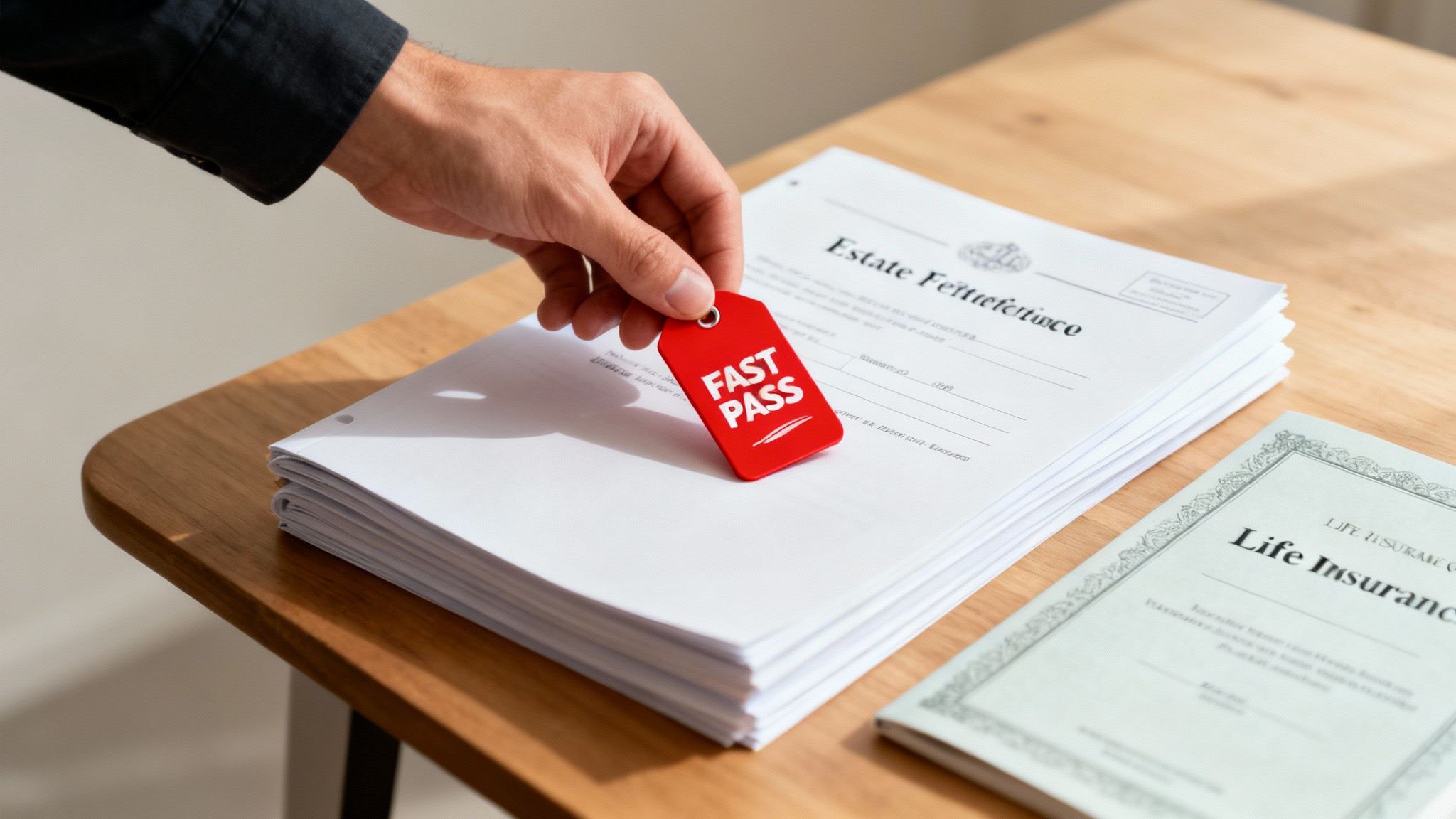 A person places a red 'FAST PASS' tag on estate and life insurance documents on a wooden table.