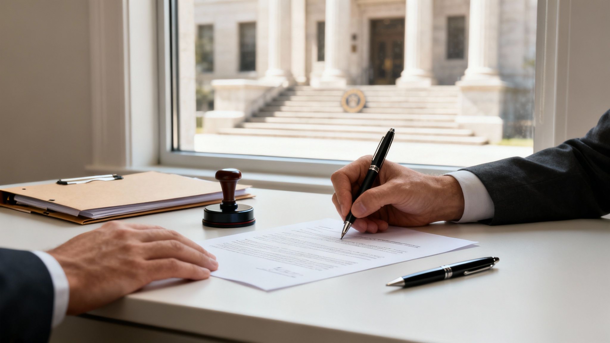 Two people at a desk, one signing a legal document with a pen, with a courthouse outside a window.