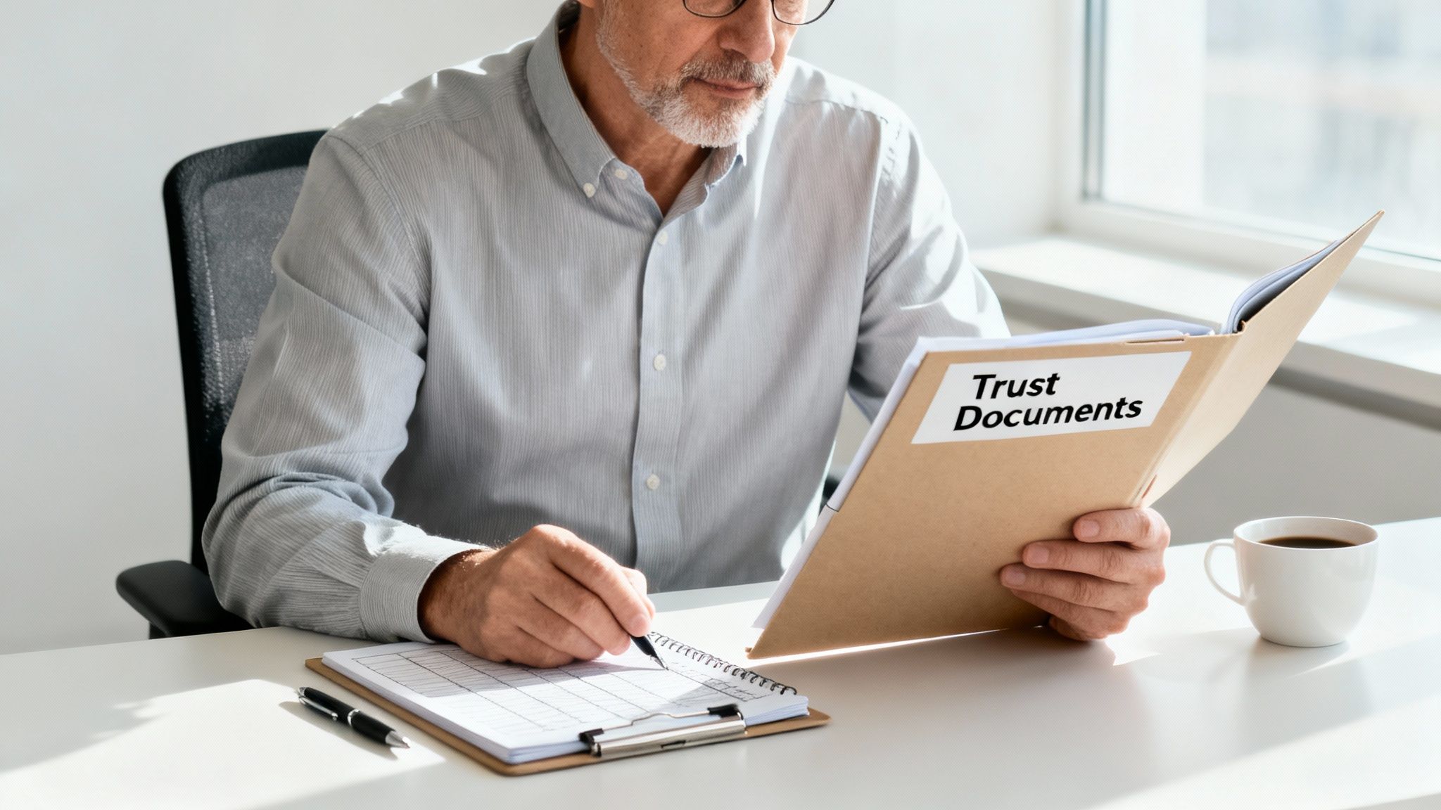 An older man in glasses reviews 'Trust Documents' in a folder and writes on a notepad at his desk.