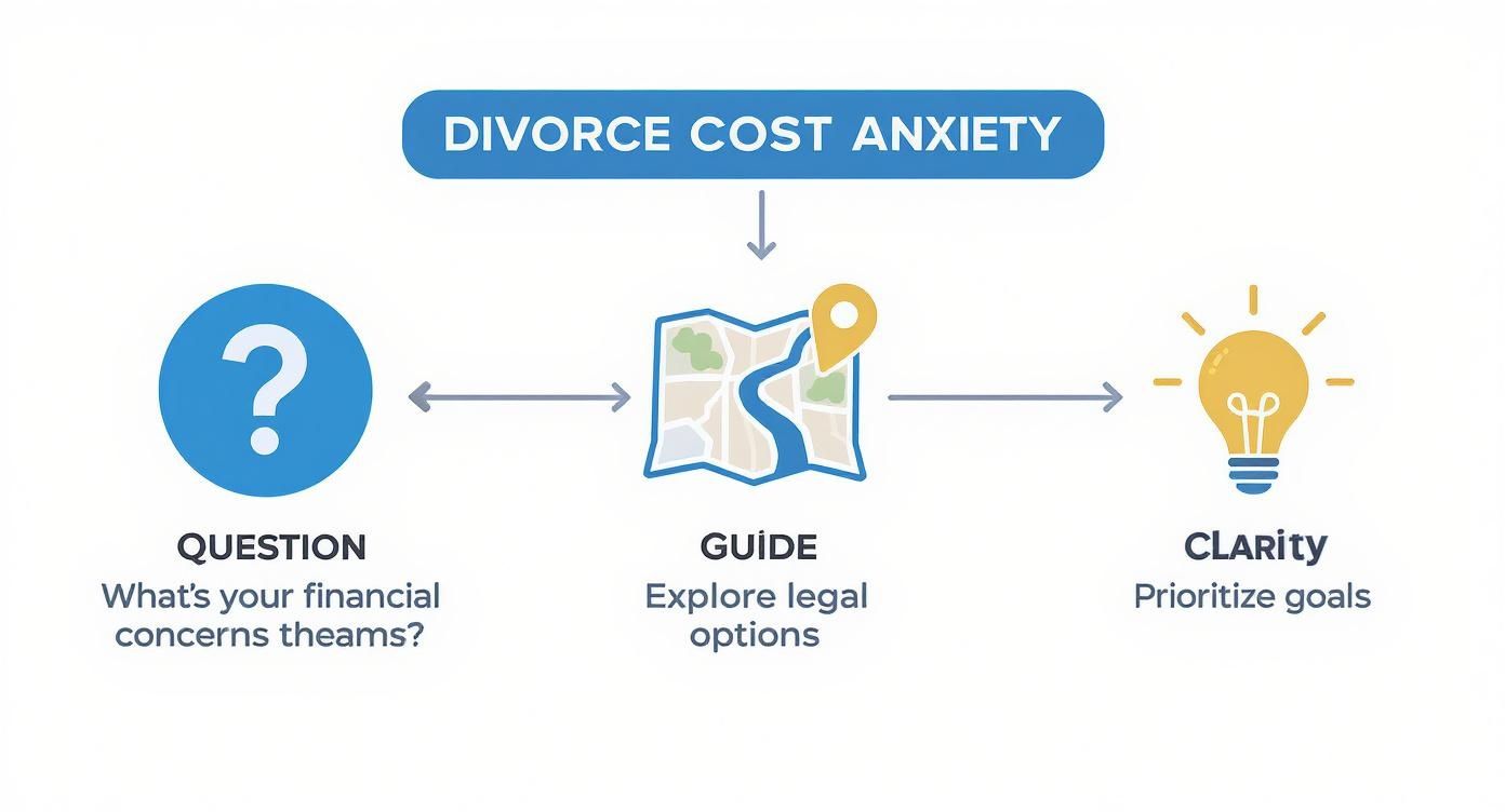 Flowchart addressing divorce cost anxiety through three steps: Question, Guide, and Clarity.