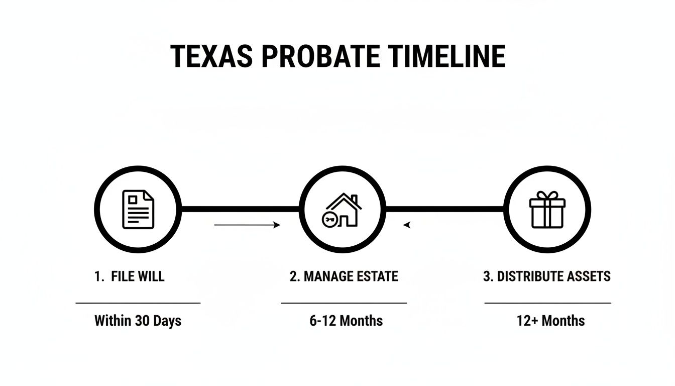 Timeline illustrating the Texas probate process, detailing filing the will, managing the estate, and distributing assets.