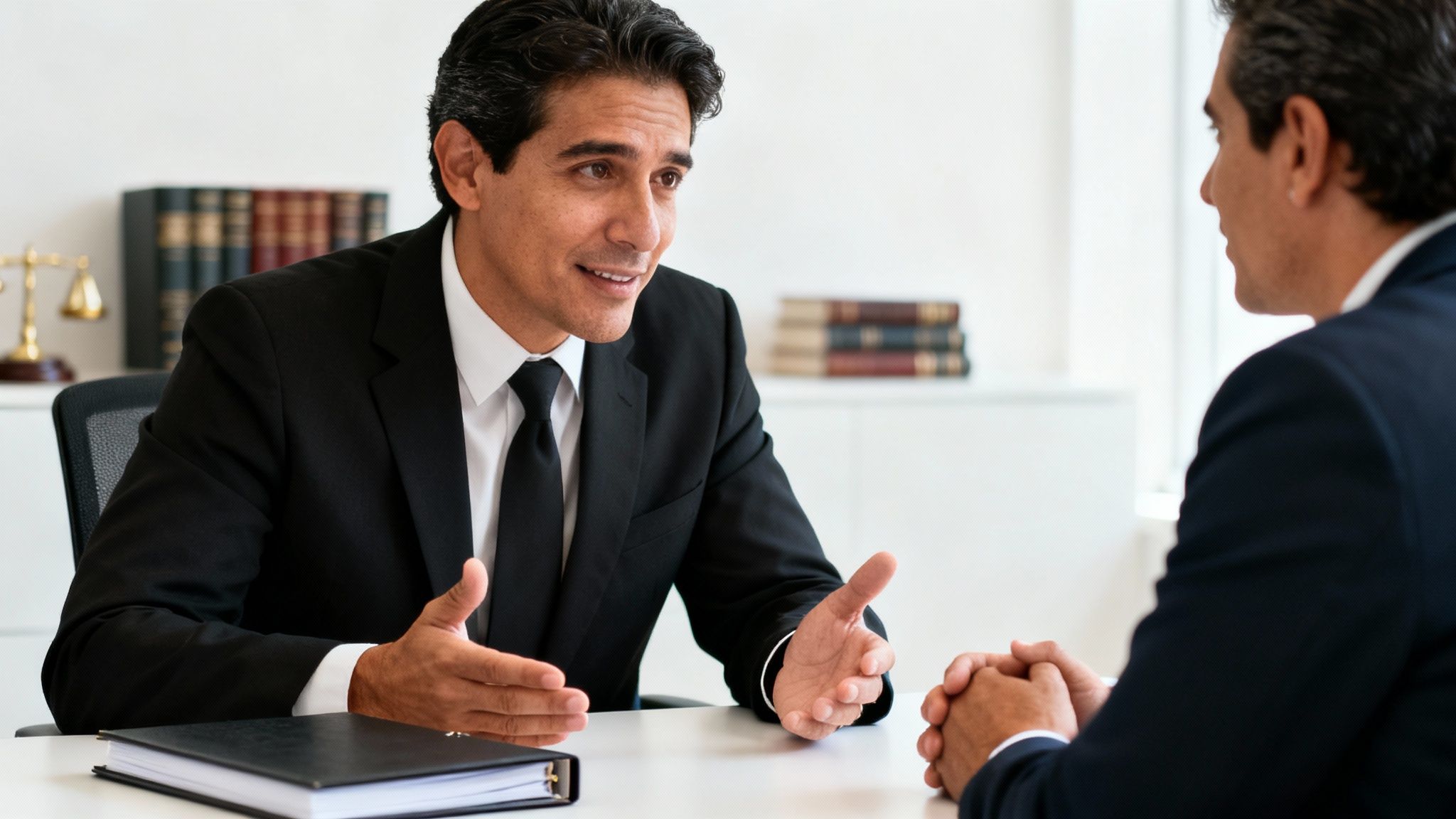 Dos abogados discuten un caso legal en una oficina con libros y balanza de justicia.