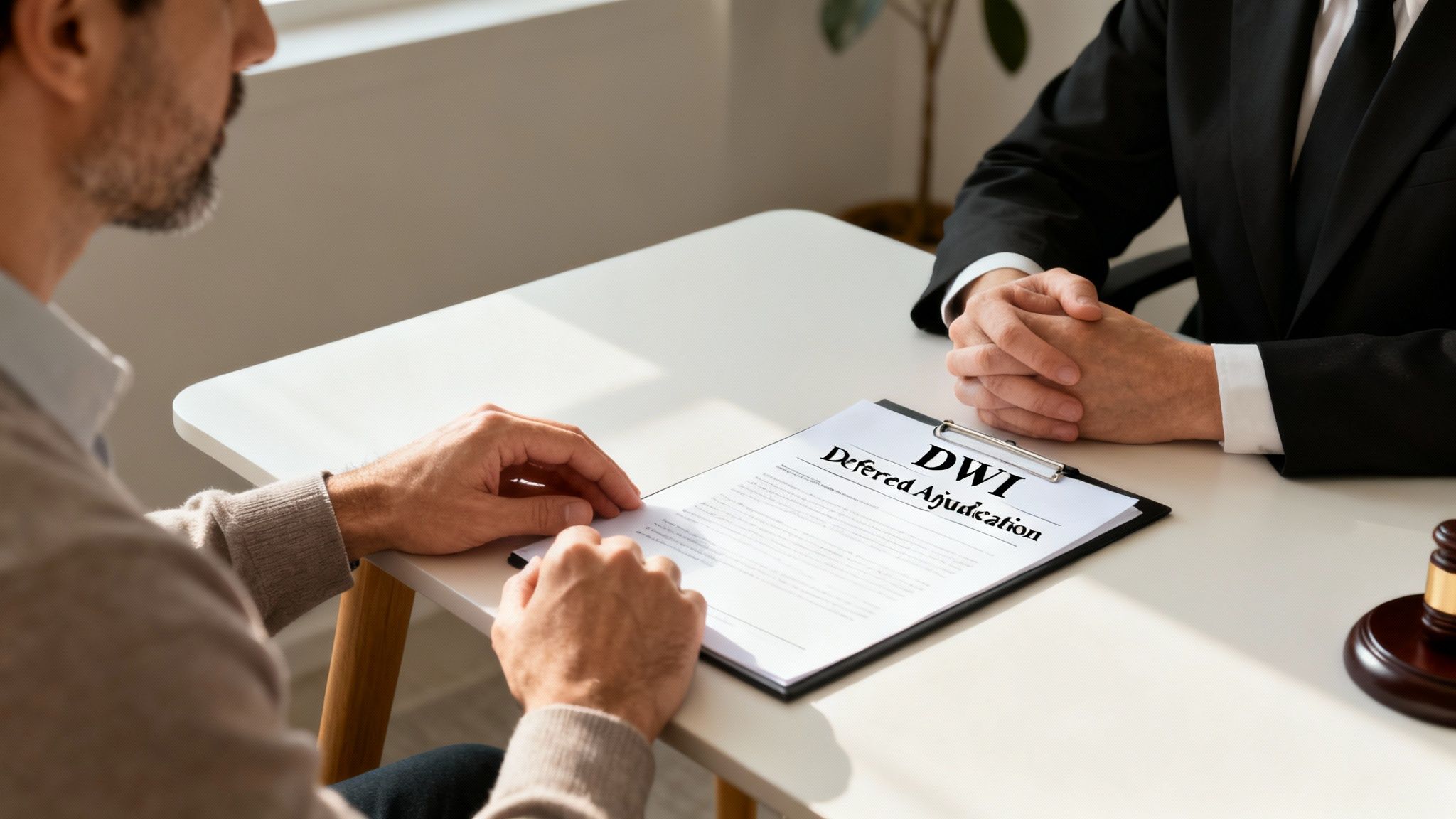 Man consulting with a lawyer about DWI deferred adjudication, with legal documents on the table, emphasizing community supervision and legal strategy in Texas DWI cases.