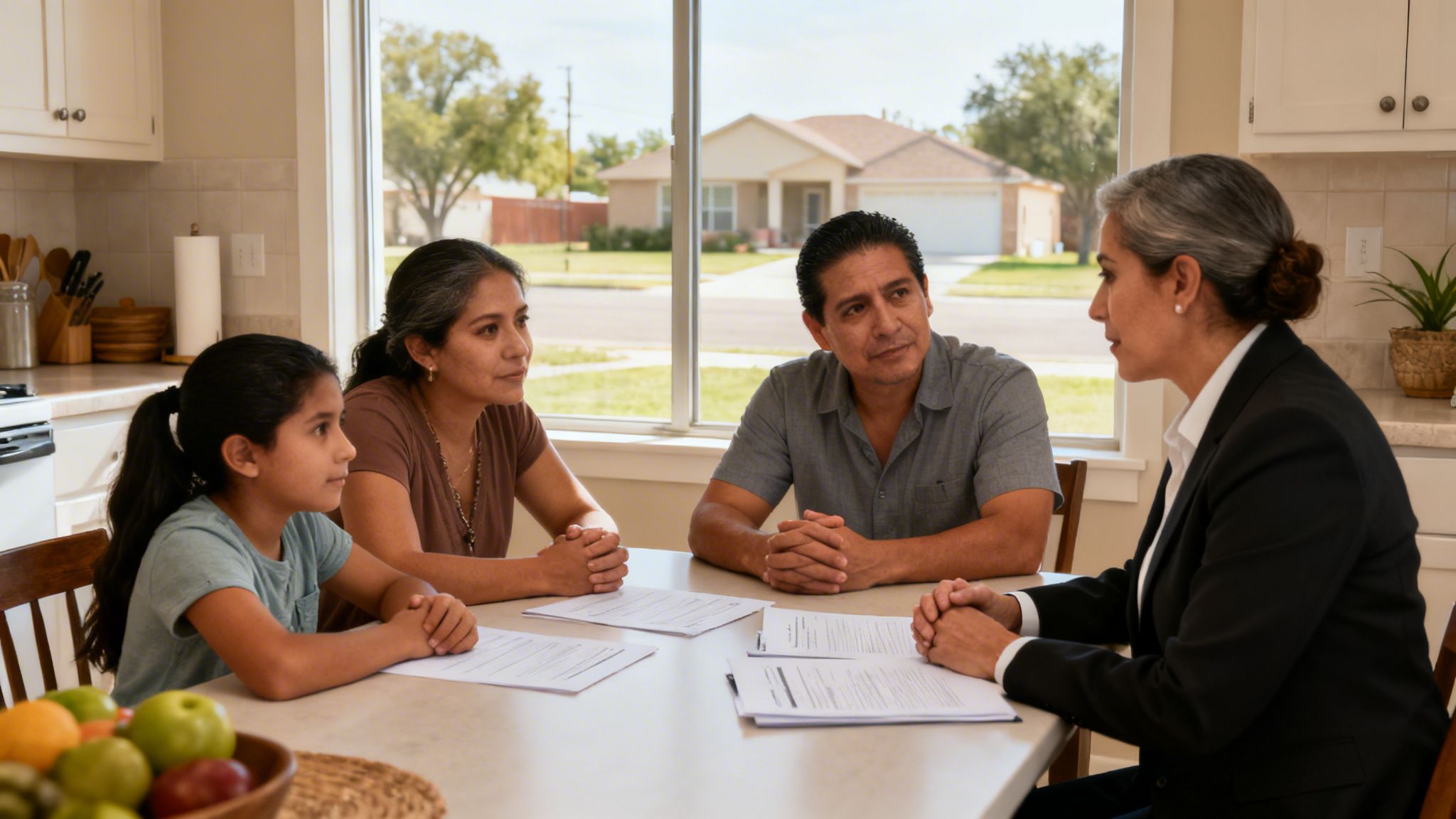 Una familia hispana y una abogada discuten documentos legales en la mesa de la cocina de su hogar.