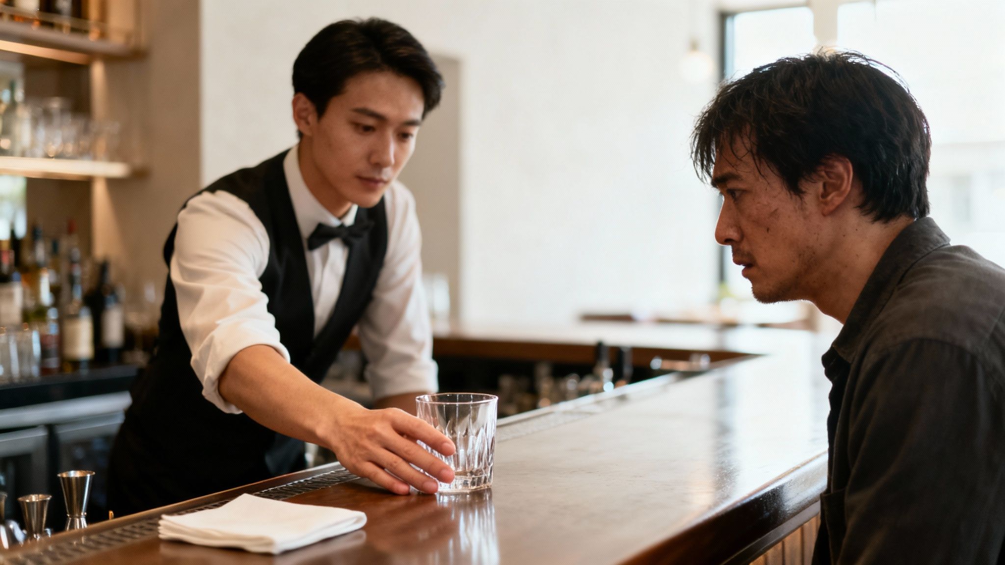 A bartender pouring a-drink in a dimly lit bar