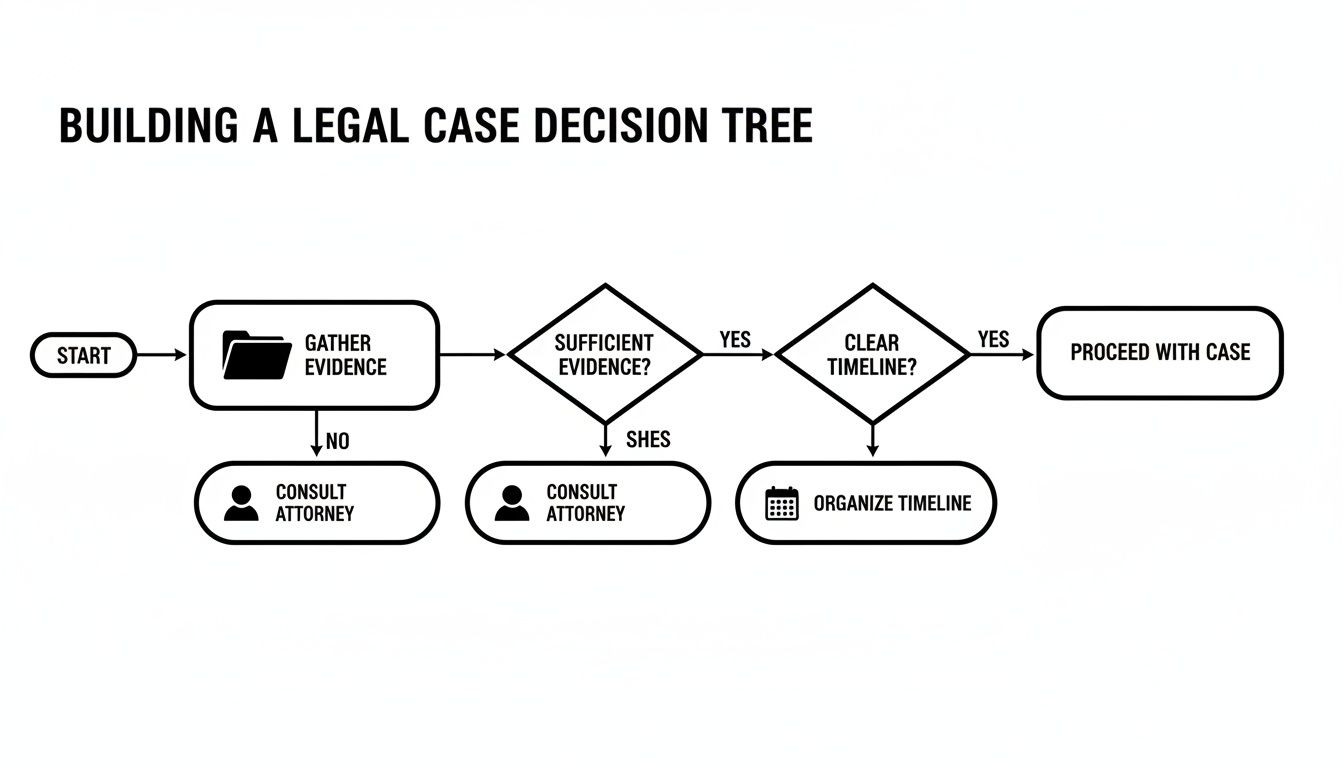 A legal case decision tree flowchart showing steps from evidence gathering to proceeding or consulting an attorney.