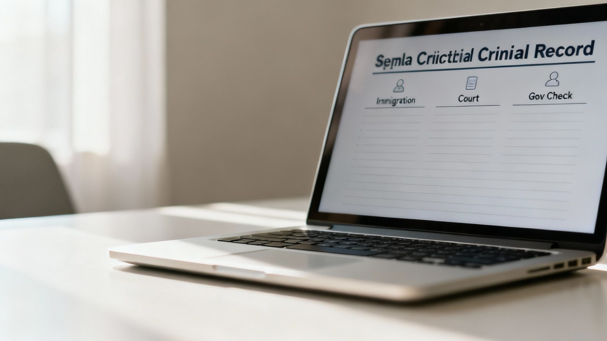 Laptop displaying a criminal record form with sections for Immigration, Court, and Government Check, emphasizing the legal implications of deferred adjudication in Texas.