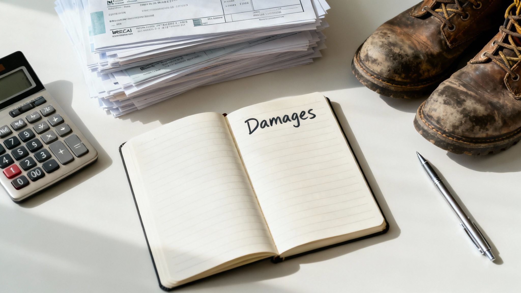 A person writing a settlement demand letter with a pen, with legal documents and a calculator nearby.