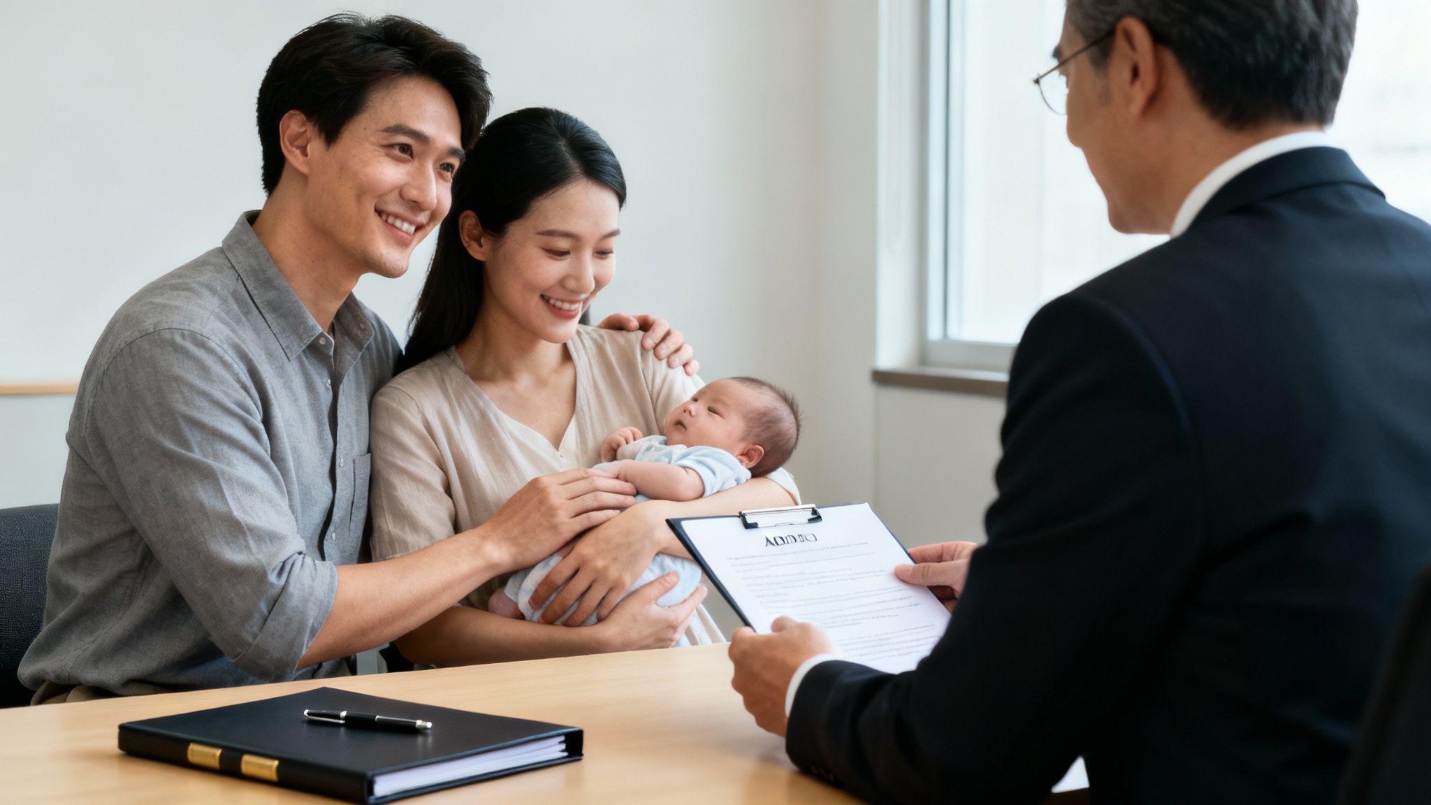 A smiling judge in a courtroom gently hands a baby to a joyful new mother.