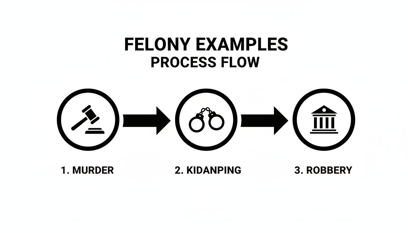 A process flow diagram illustrating felony examples: murder (gavel), kidnapping (handcuffs), and robbery (building).