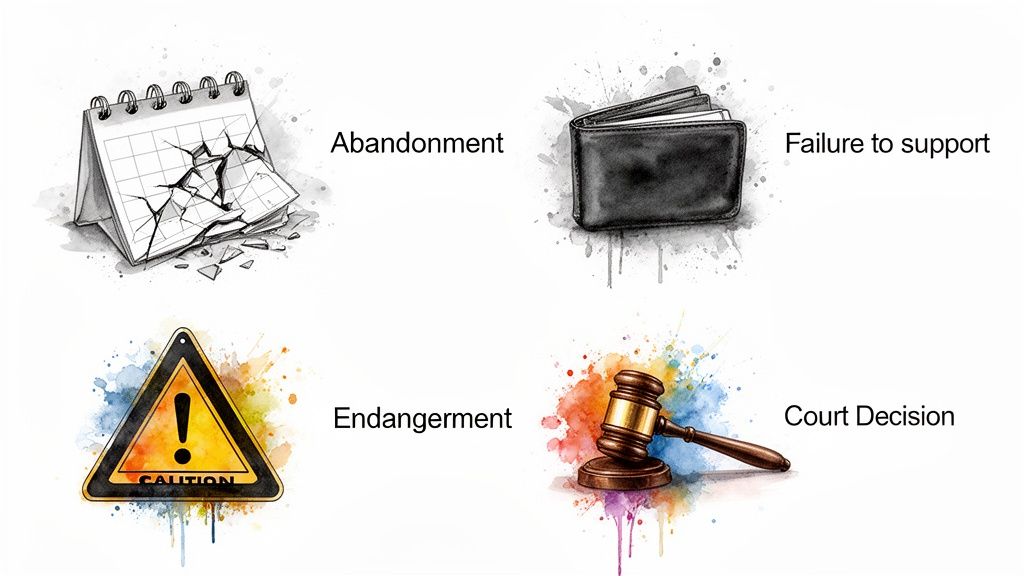 Visual representation of legal grounds: a broken calendar for abandonment, a wallet for failure to support, a caution sign for endangerment, and a gavel for court decision.
