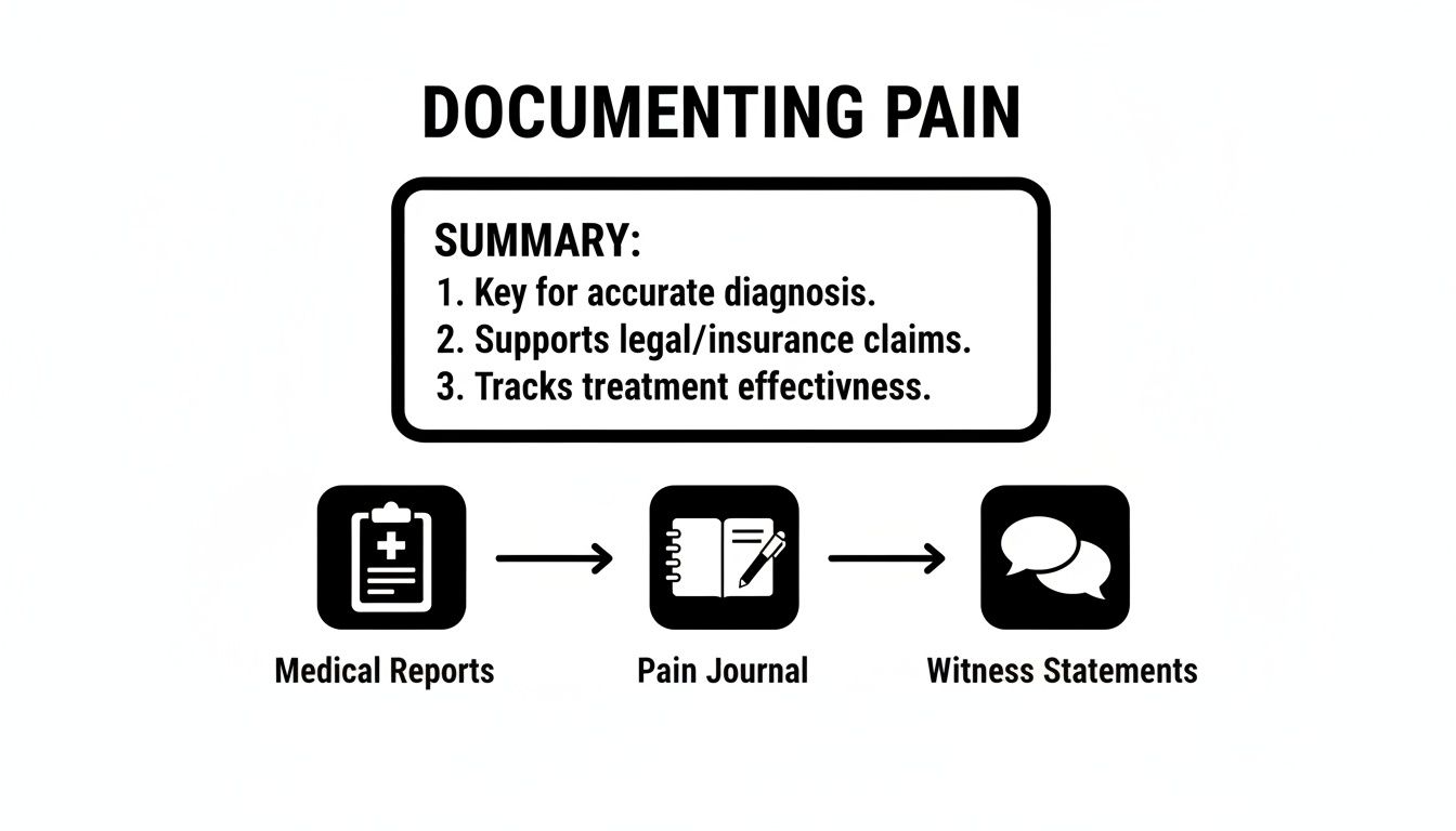 Flowchart illustrating how to document pain using medical reports, a pain journal, and witness statements for various claims.