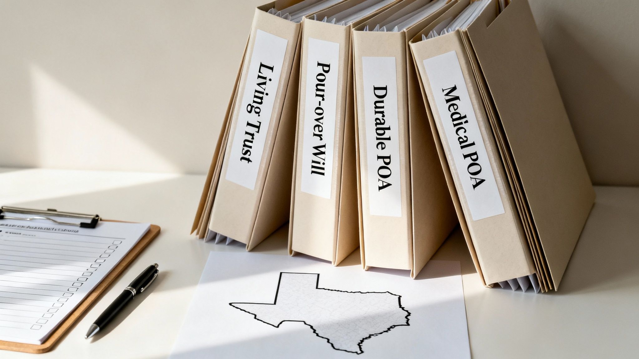 Folders labeled "Living Trust," "Pour-over Will," "Durable POA," and "Medical POA" on a desk with a Texas outline illustration, symbolizing essential estate planning documents for managing assets in Texas.