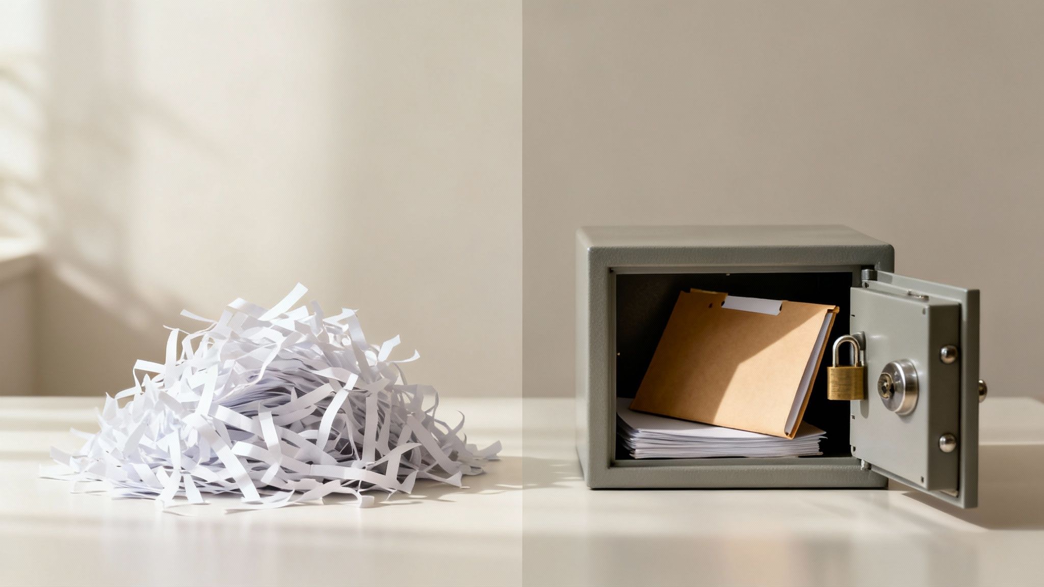 Shredded paper pile and secure safe containing organized documents, symbolizing record sealing and confidentiality in legal processes.