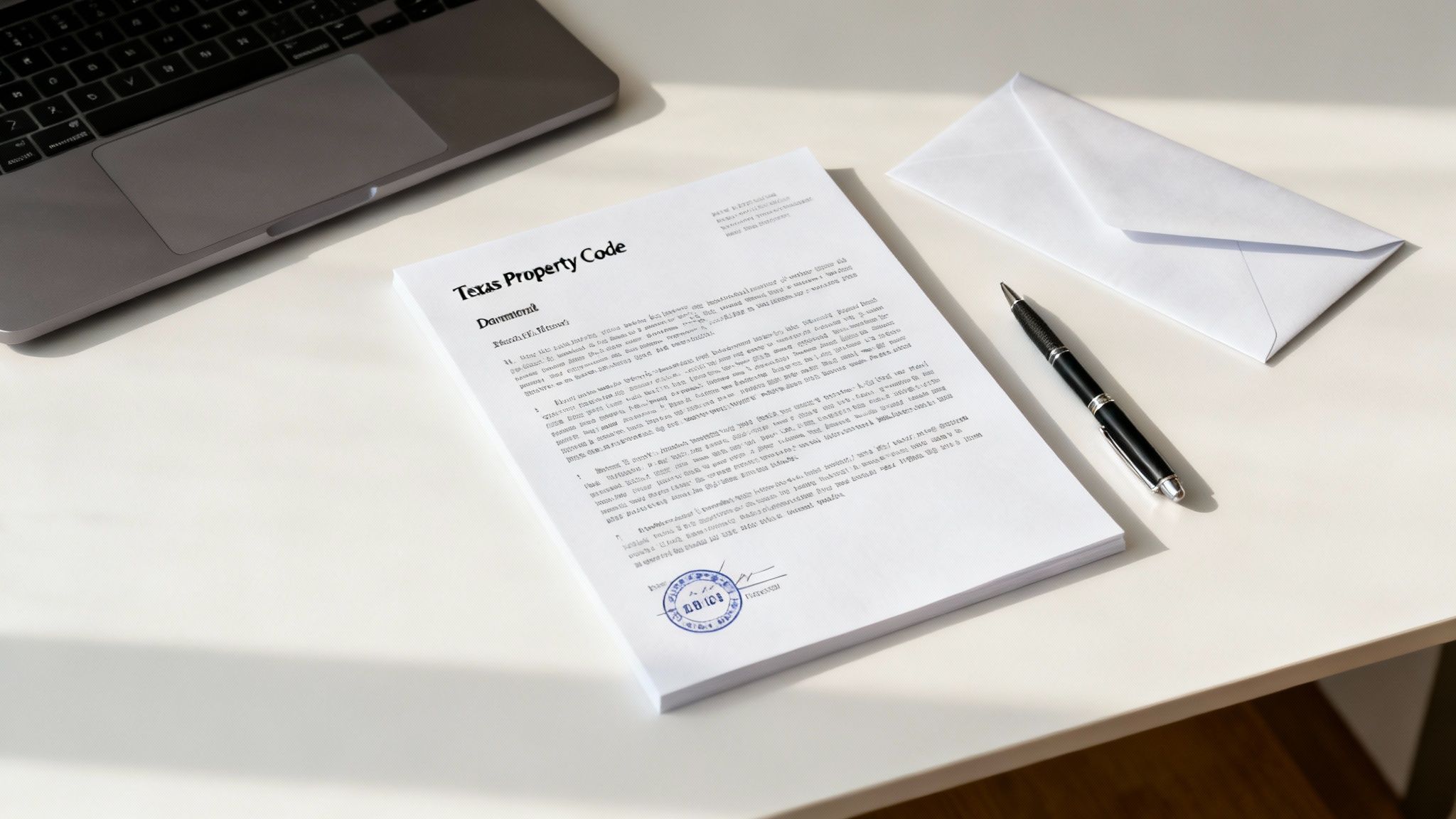 Demand letter referencing Texas Property Code on a desk with a laptop, pen, and envelope, illustrating tenant rights and legal documentation for recovering security deposits.