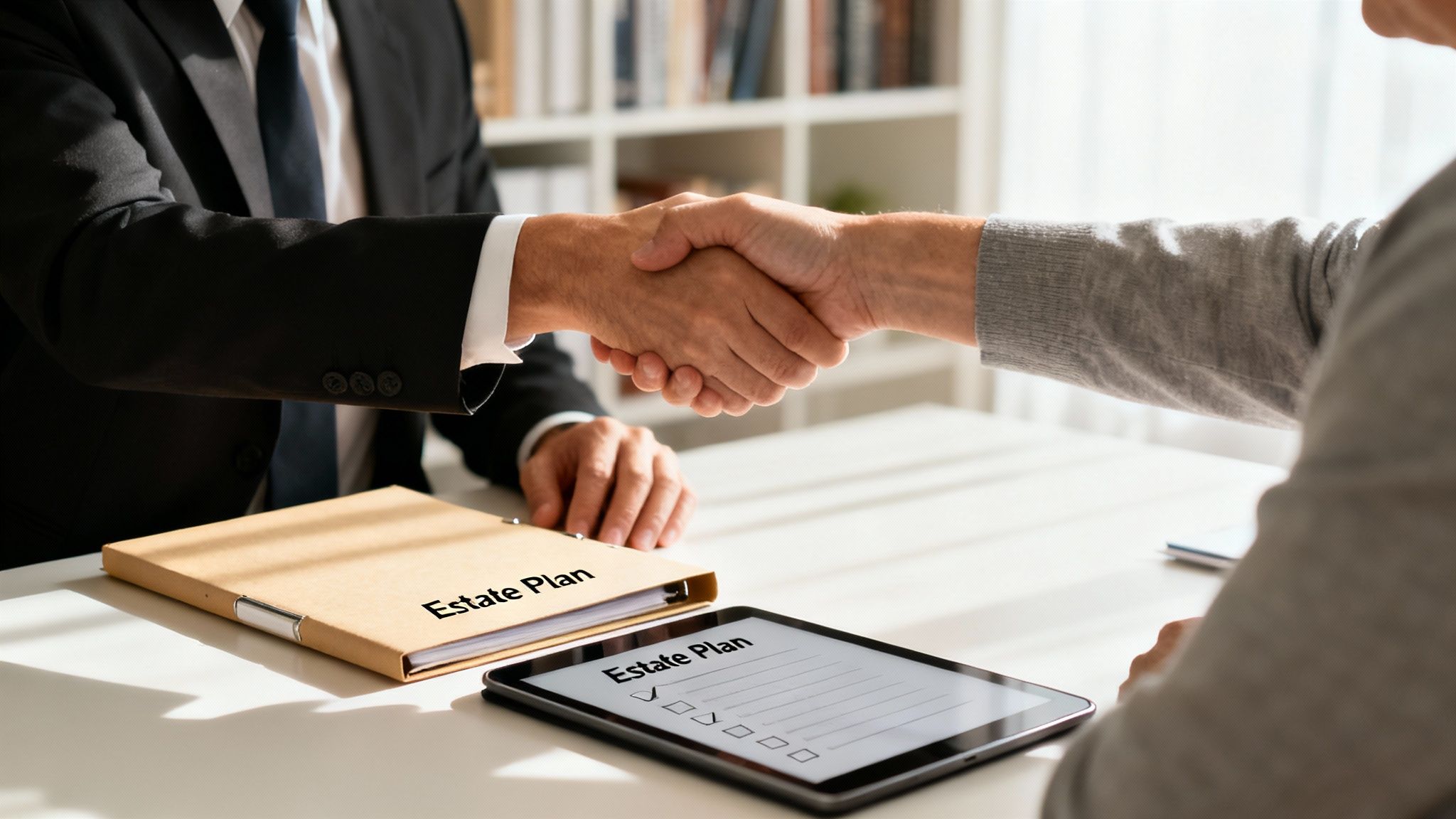 An attorney and a client sitting at a desk, collaboratively reviewing estate planning documents.