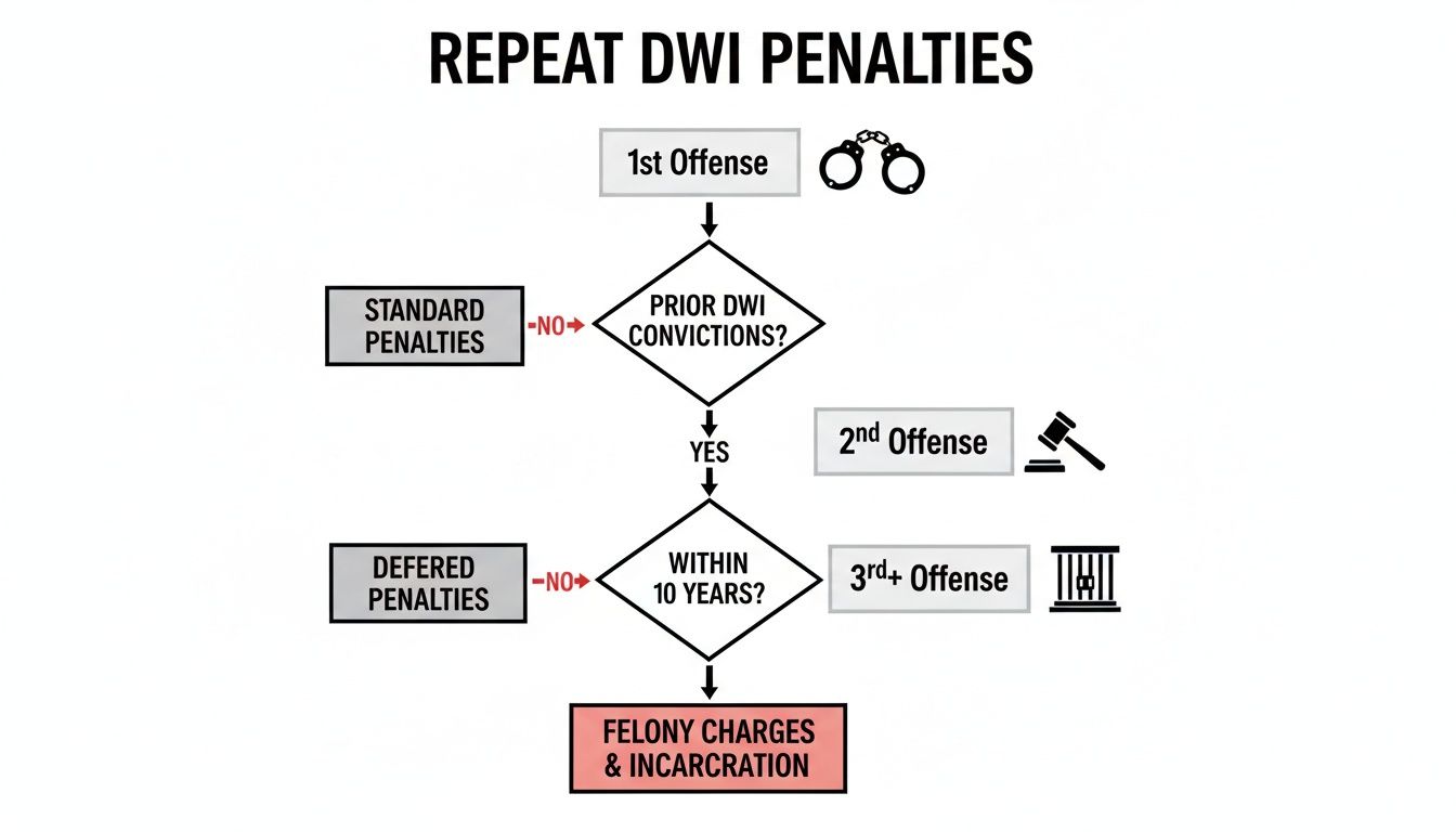 Flowchart detailing repeat DWI penalties based on prior convictions and timeframe, leading to various consequences.
