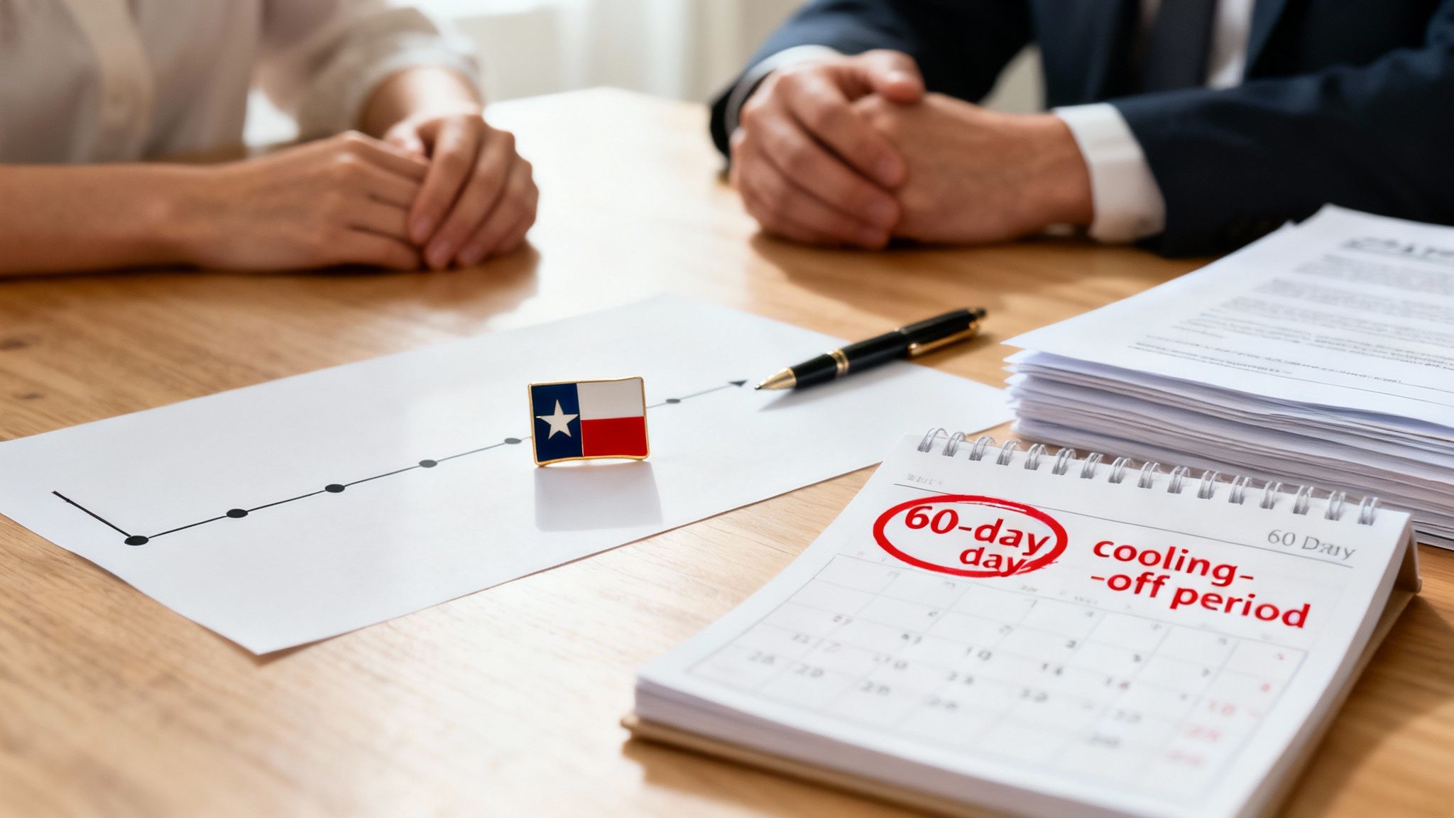 A calendar highlighting a '60-day cooling-off period' with a Texas flag pin and people discussing.