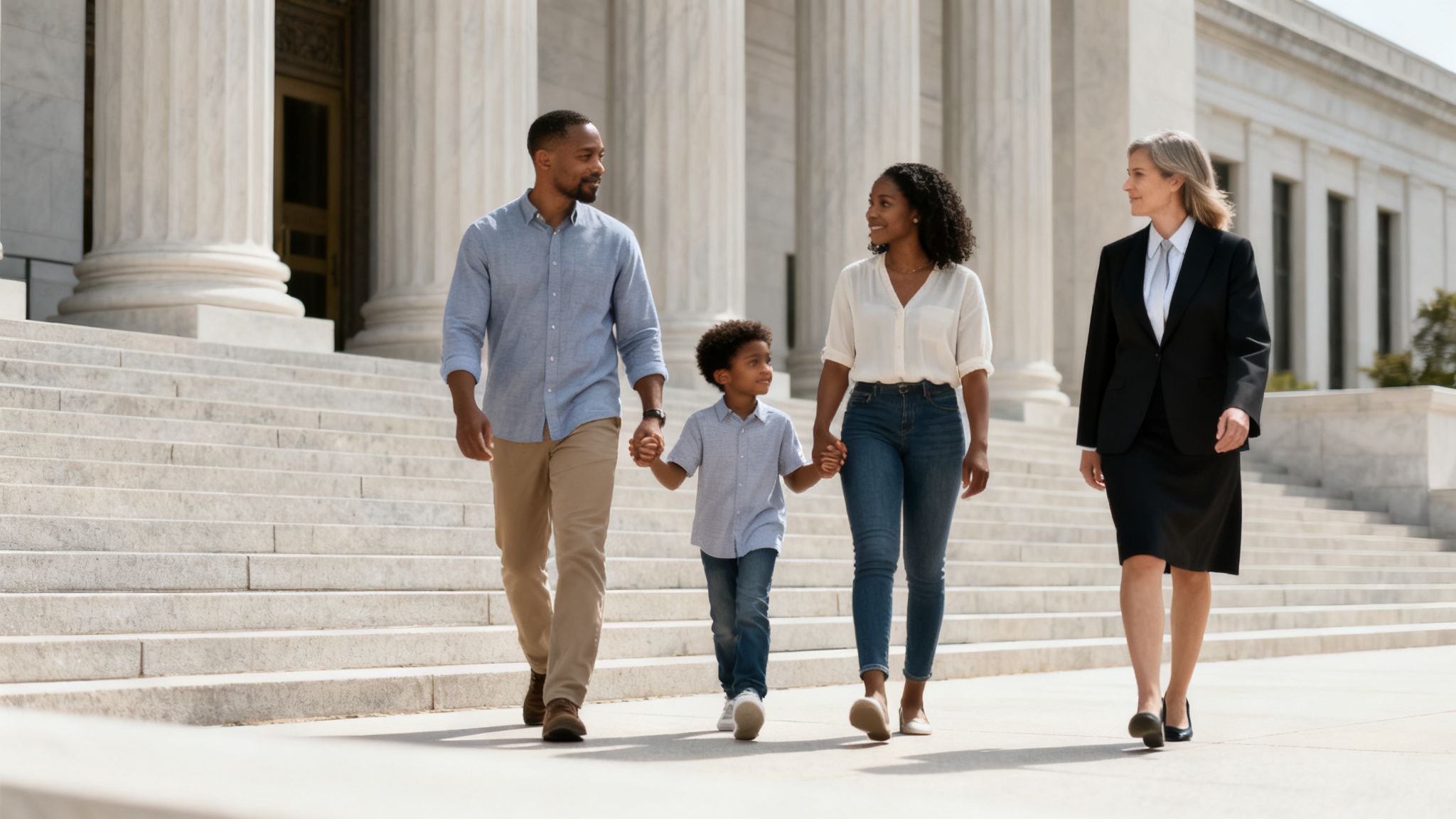 Una familia afroamericana y una abogada caminando por las escaleras de un edificio con columnas, sonriendo.