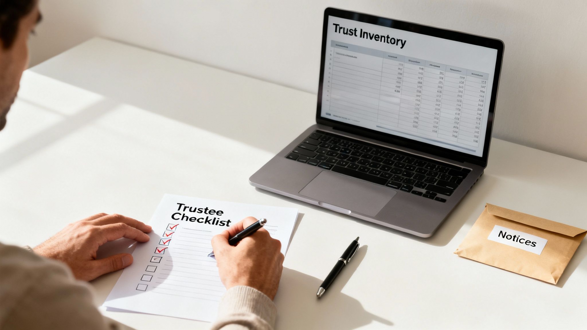 Man completing a Trustee Checklist with a pen, next to a laptop showing Trust Inventory and a Notices envelope.