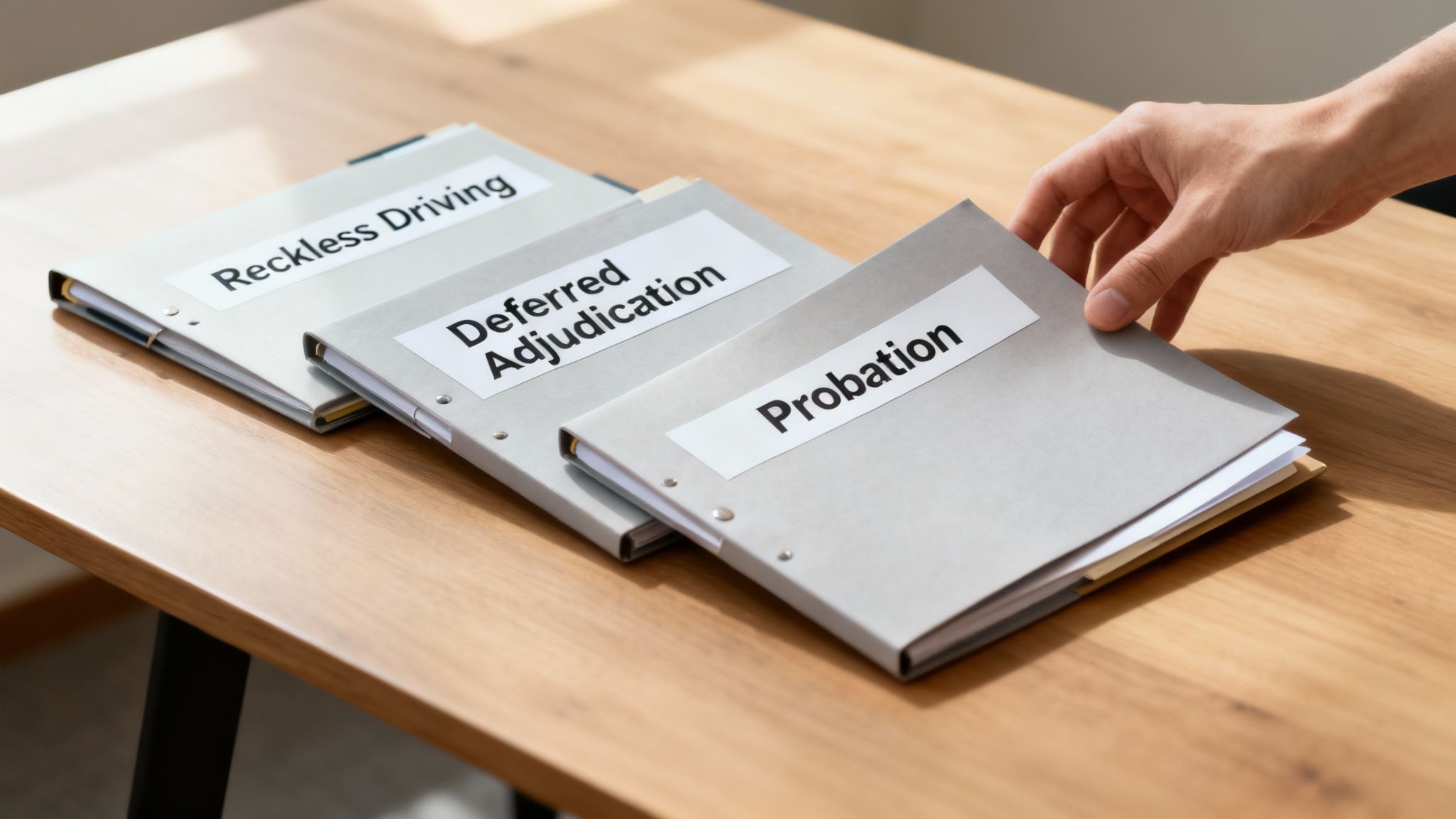 A hand selecting legal folders labeled 'Reckless Driving,' 'Deferred Adjudication,' and 'Probation' on a wooden desk.
