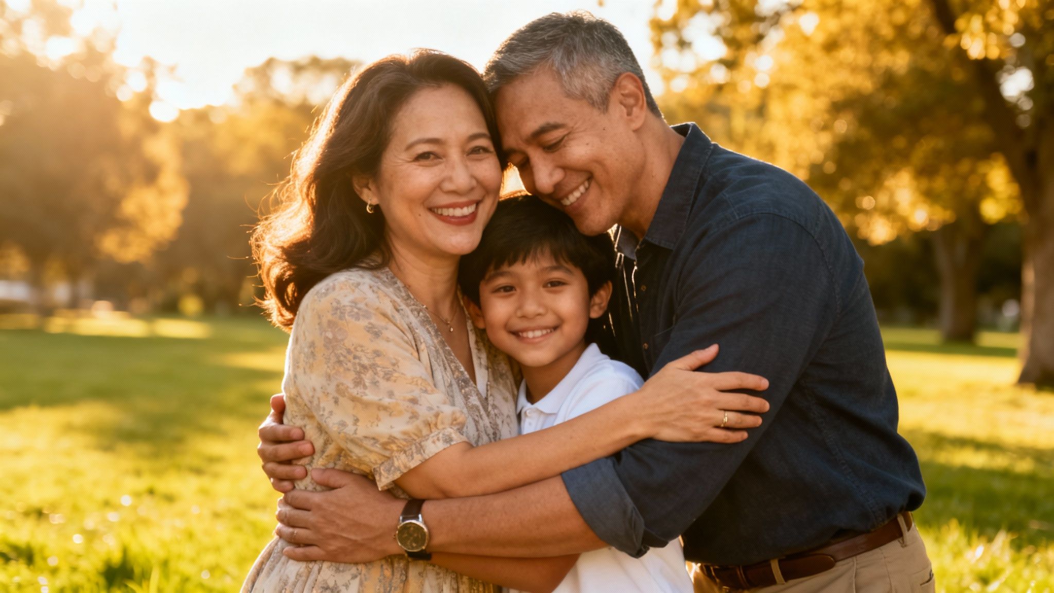 Family embracing in a sunlit park, representing love and connection in the context of open adoption, highlighting emotional bonds and the importance of identity for children.