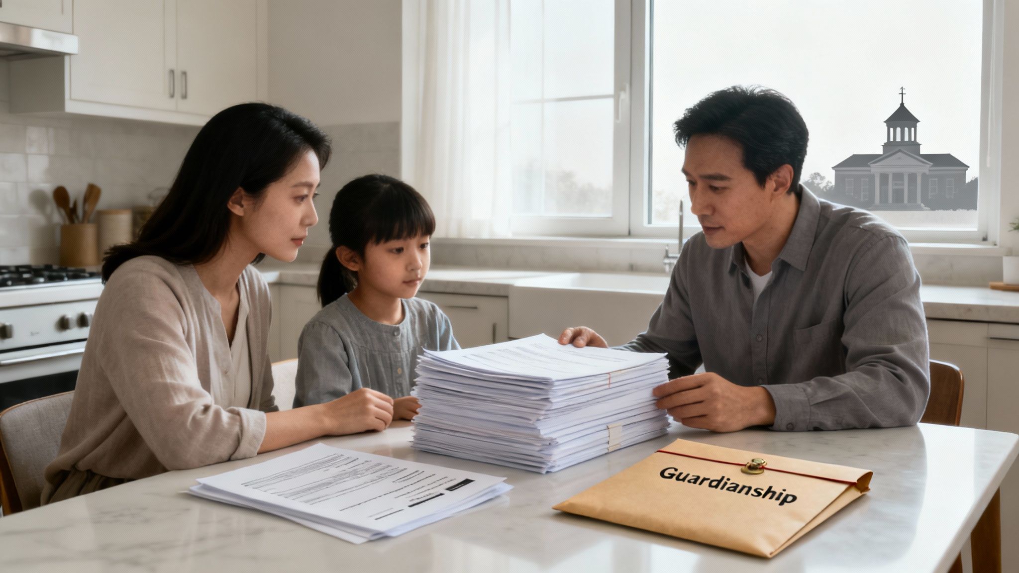 A family sits at a table, reviewing a large stack of papers and a 'Guardianship' envelope.