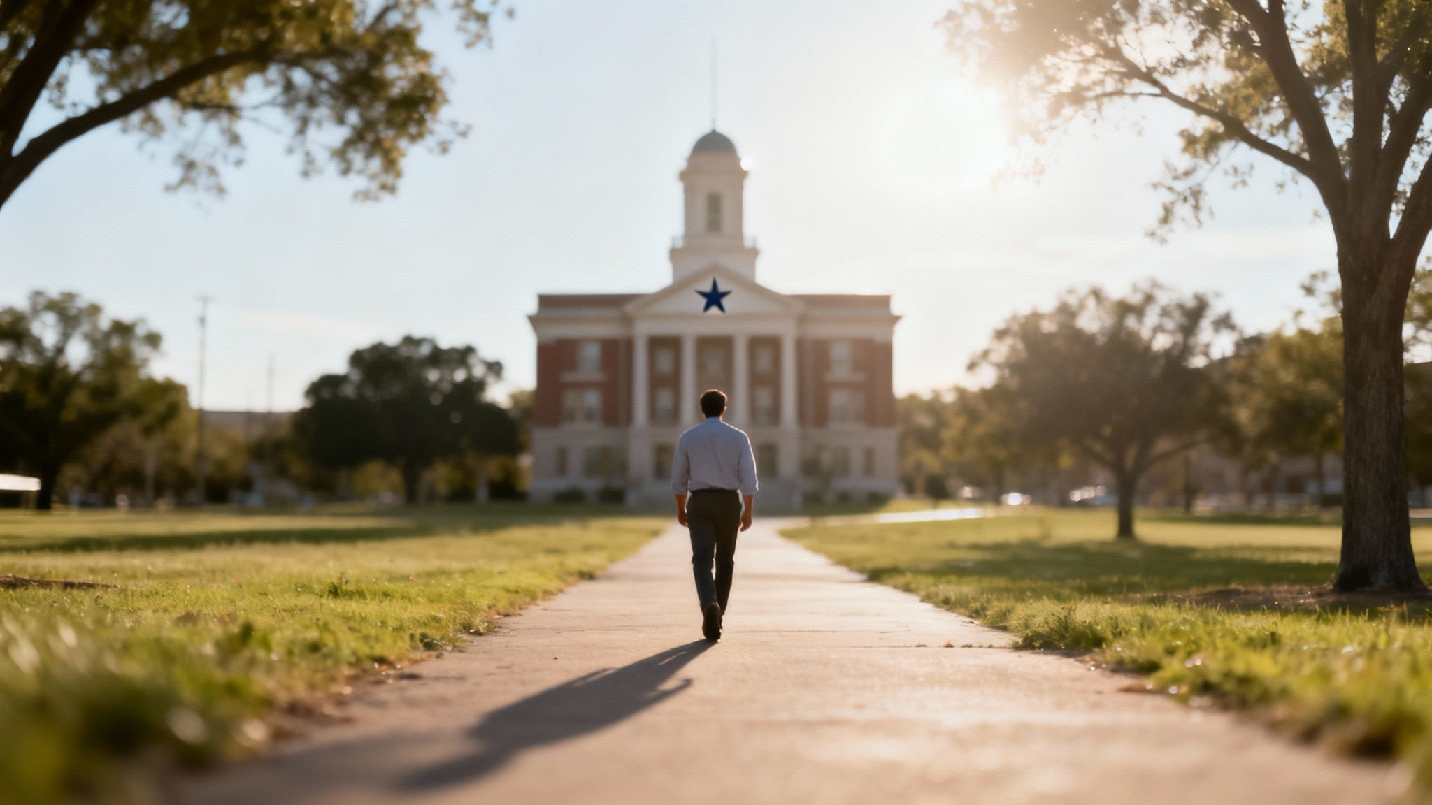 Person walking along a pathway towards a Texas courthouse, symbolizing the journey of record expungement and legal renewal.
