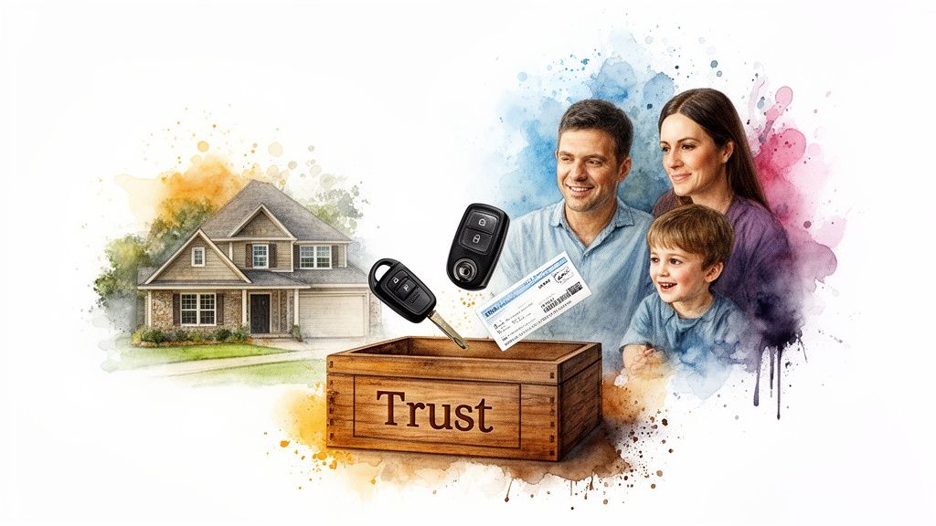 Smiling family with a house, car keys, and check falling into a wooden trust box.