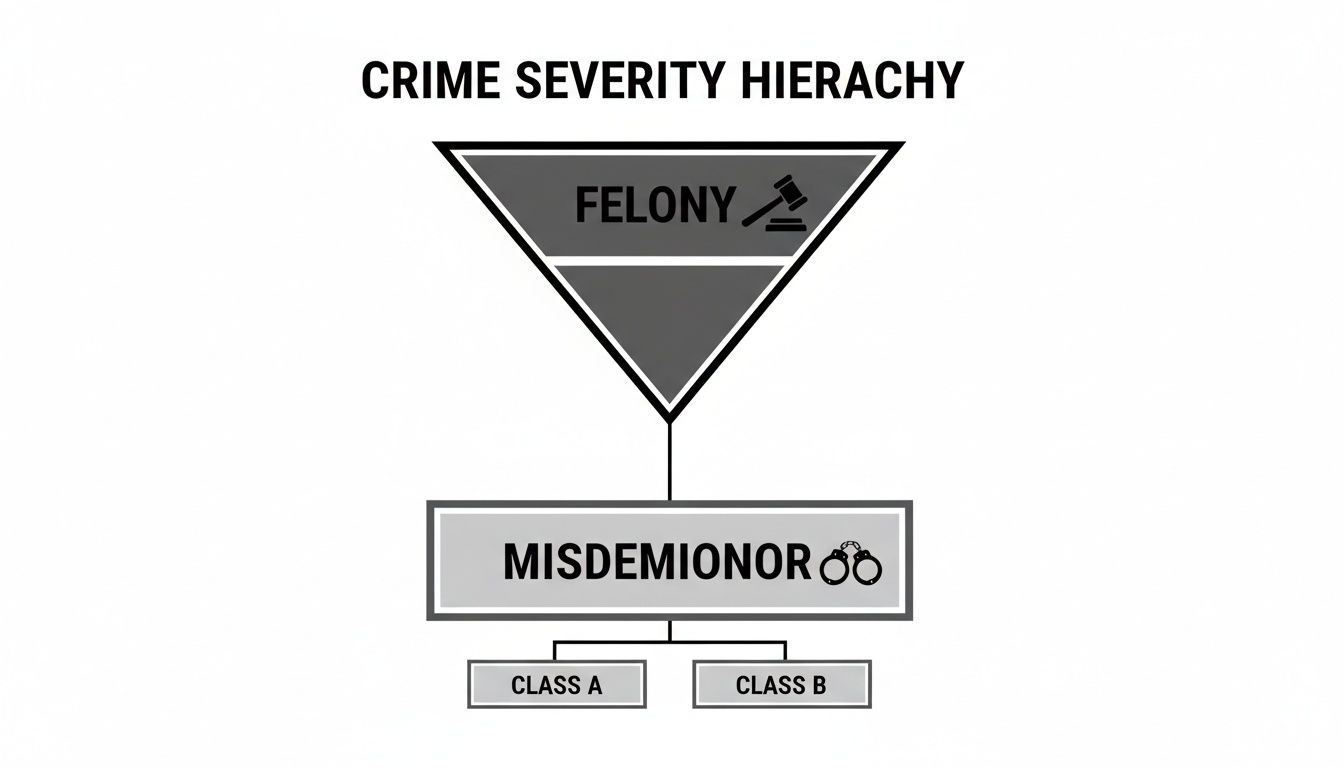 Crime severity hierarchy diagram illustrating the distinction between felonies and misdemeanors, highlighting the classification of felonies above Class A and Class B misdemeanors.