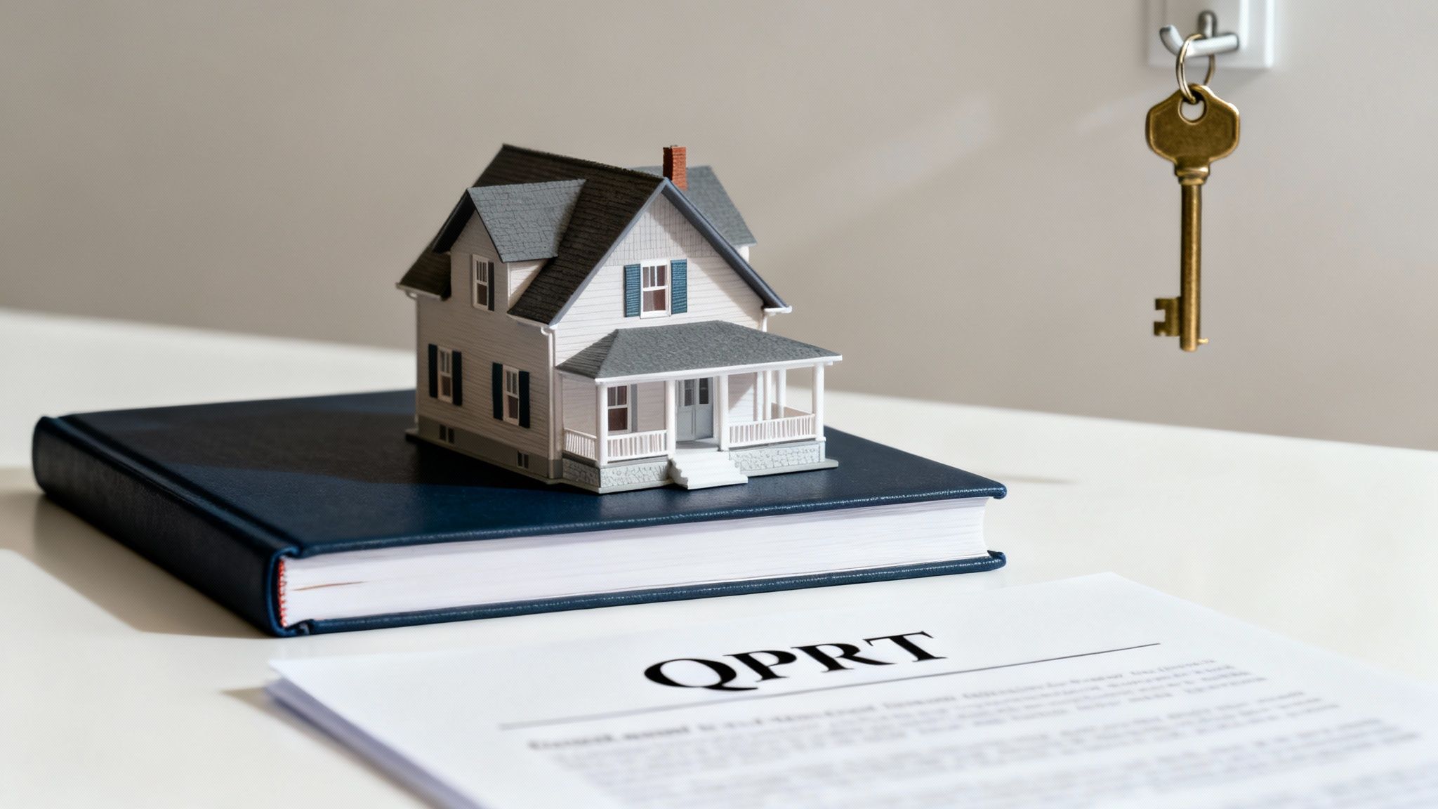 A model house sits on a book beside a QPRT document and a hanging golden key.