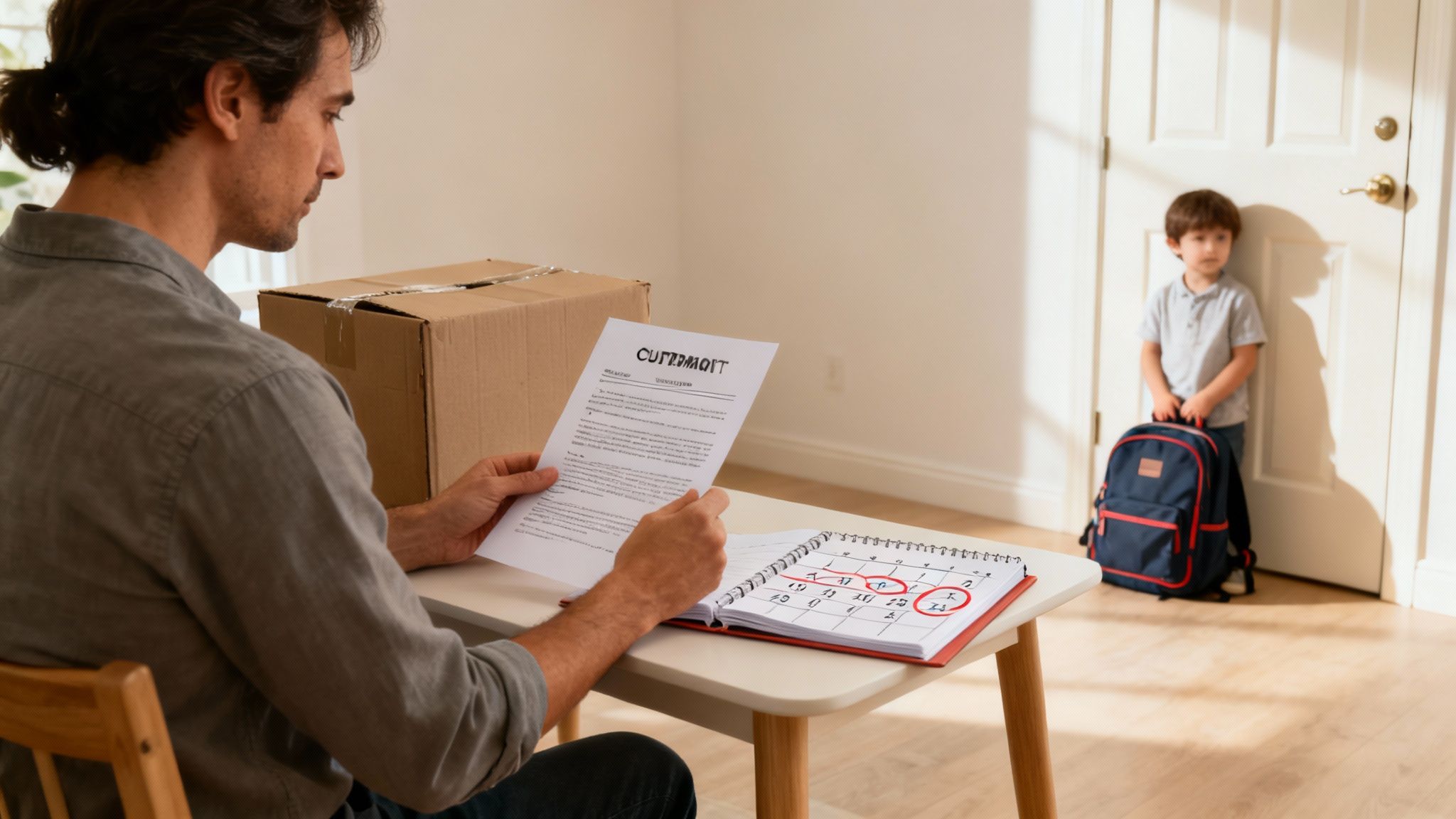 A man reviews a document and a calendar with circled dates, while a young boy with a backpack waits by the door.