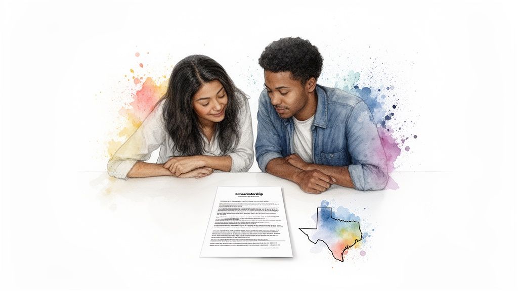 Couple reviewing conservatorship document in Texas, with colorful watercolor elements and Texas outline in background.