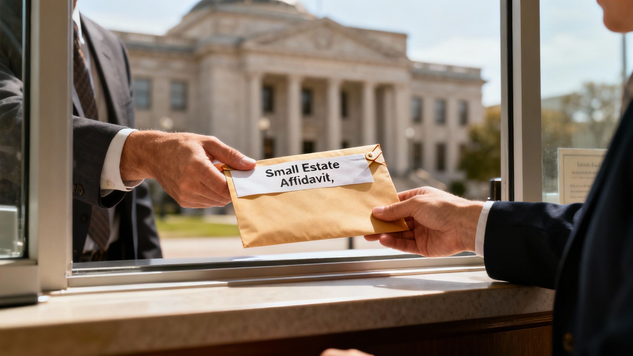 A confident individual presenting documents to a court clerk over a counter.