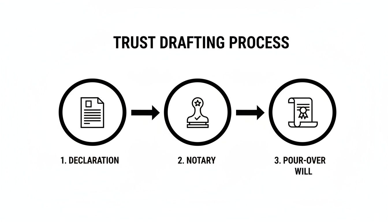 An infographic illustrating the three-step trust drafting process: declaration, notary, and pour-over will.