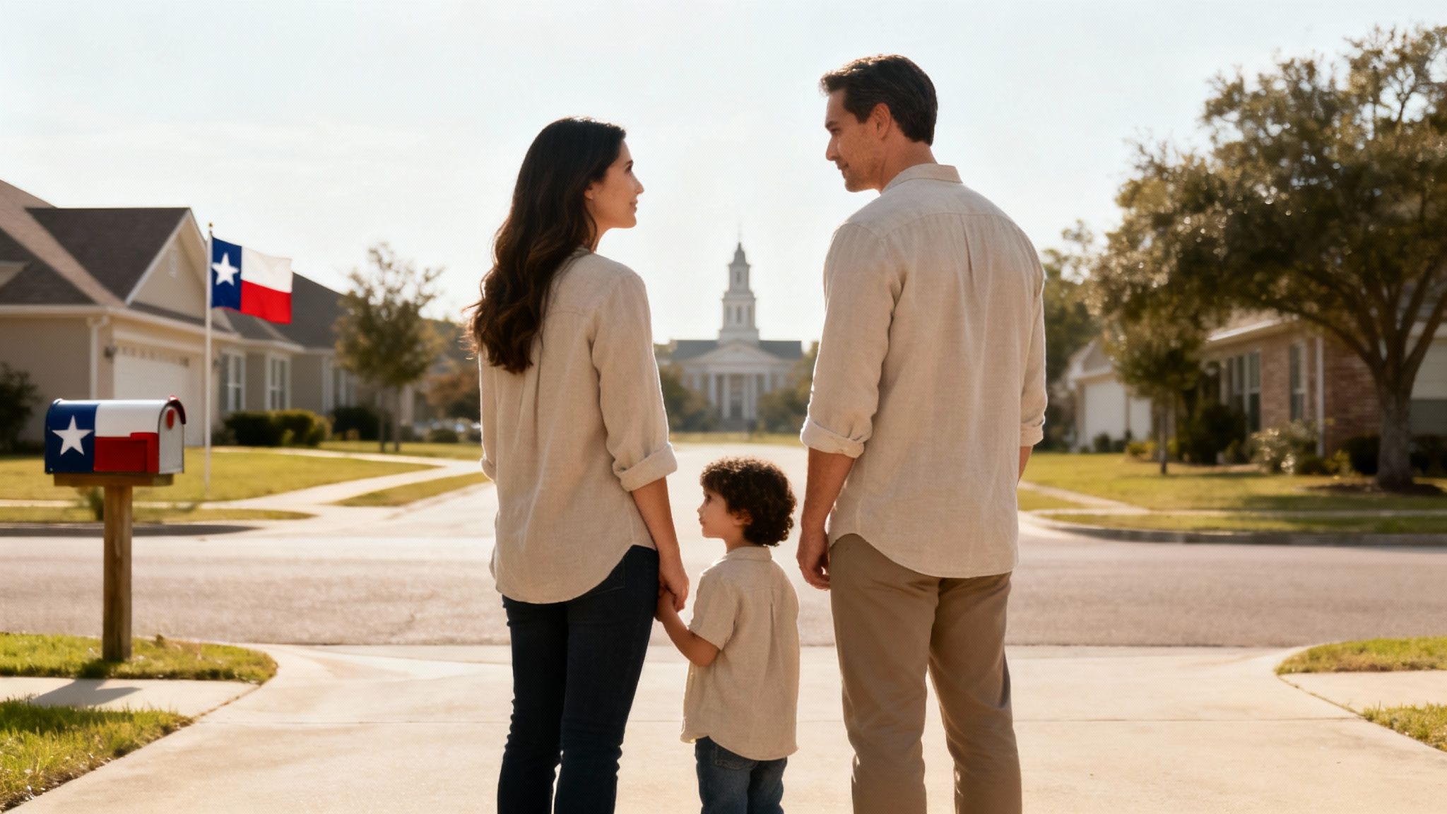 Family of three, including a child, standing on a street in a Texas neighborhood, looking towards a prominent building.