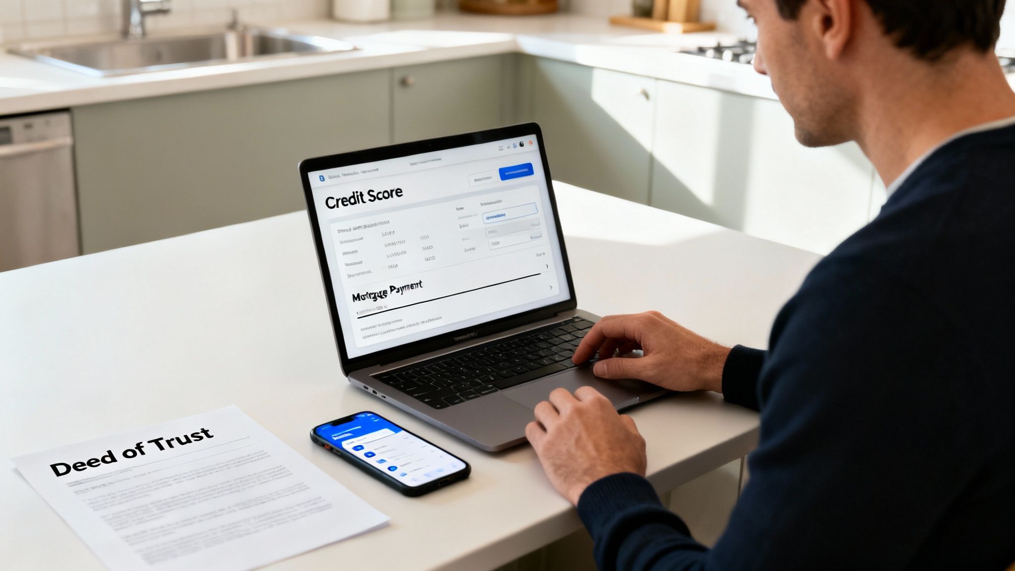 A man reviews his credit score and mortgage payment details on a laptop, with a 'Deed of Trust' document nearby.