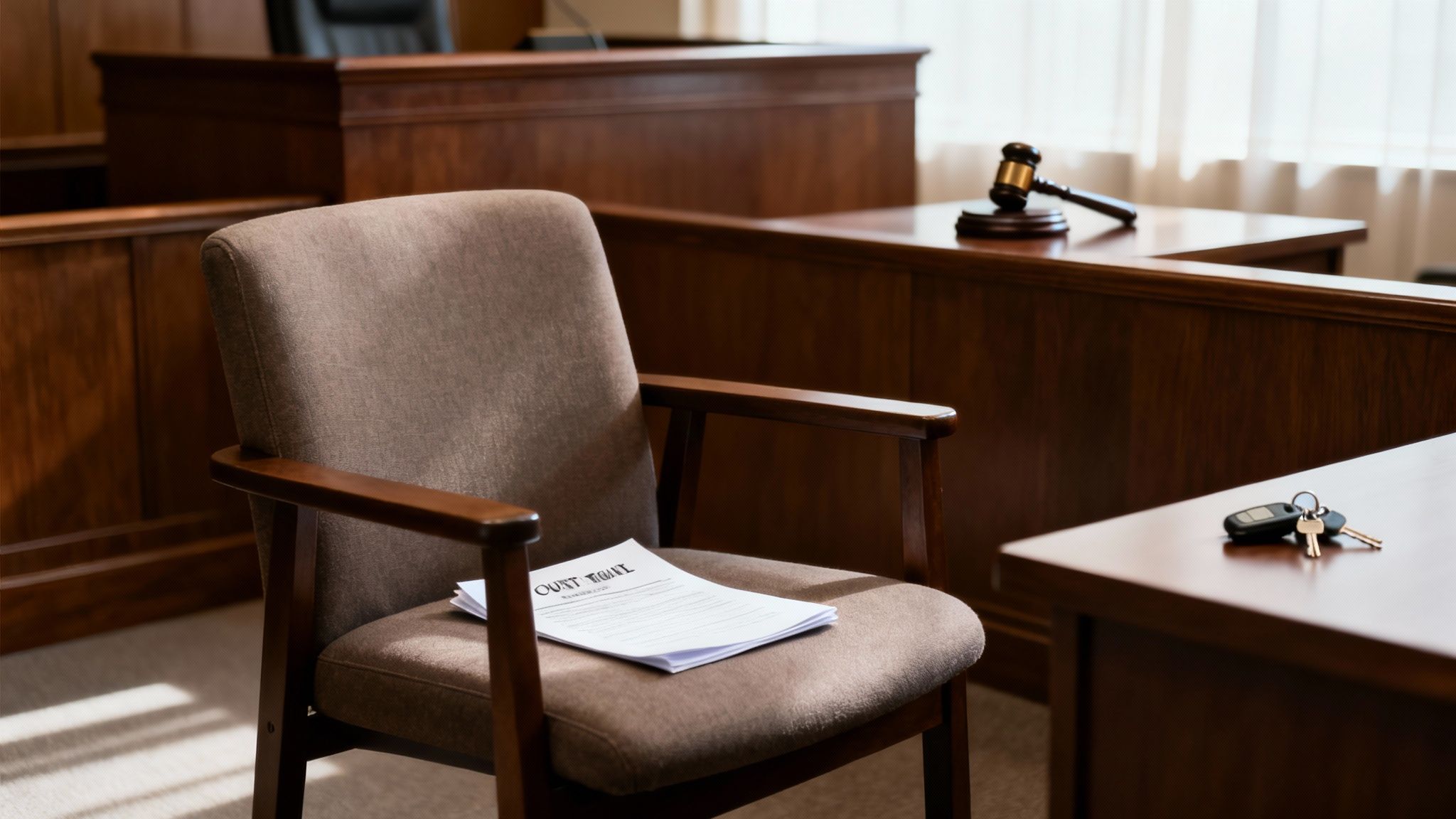 A courtroom scene with an empty witness chair holding legal documents, a judge's gavel, and car keys.