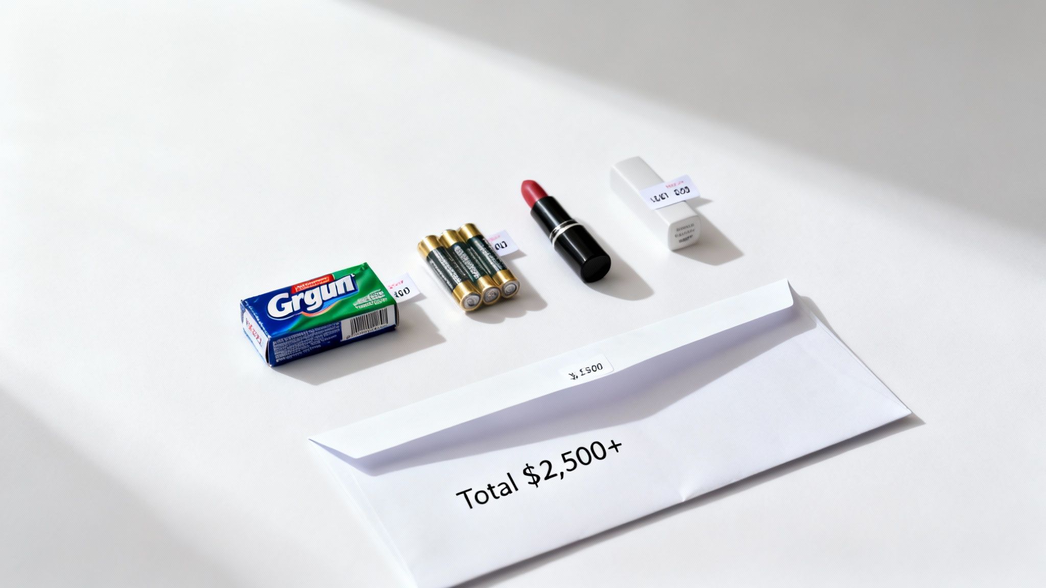Various everyday items with price tags, including gum, batteries, lipstick, and an envelope showing a total cost.