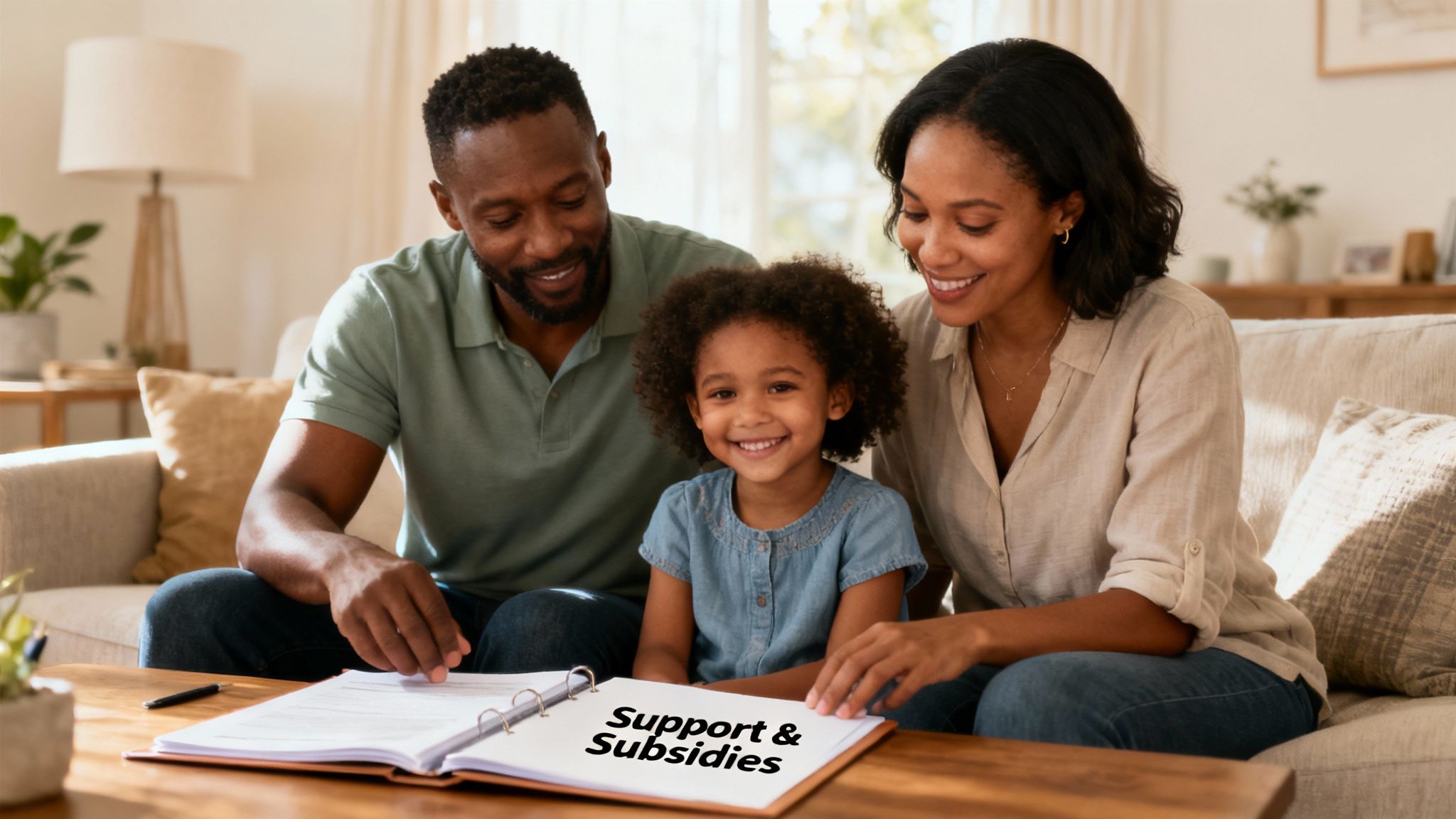 A happy family of three playing together on the grass.