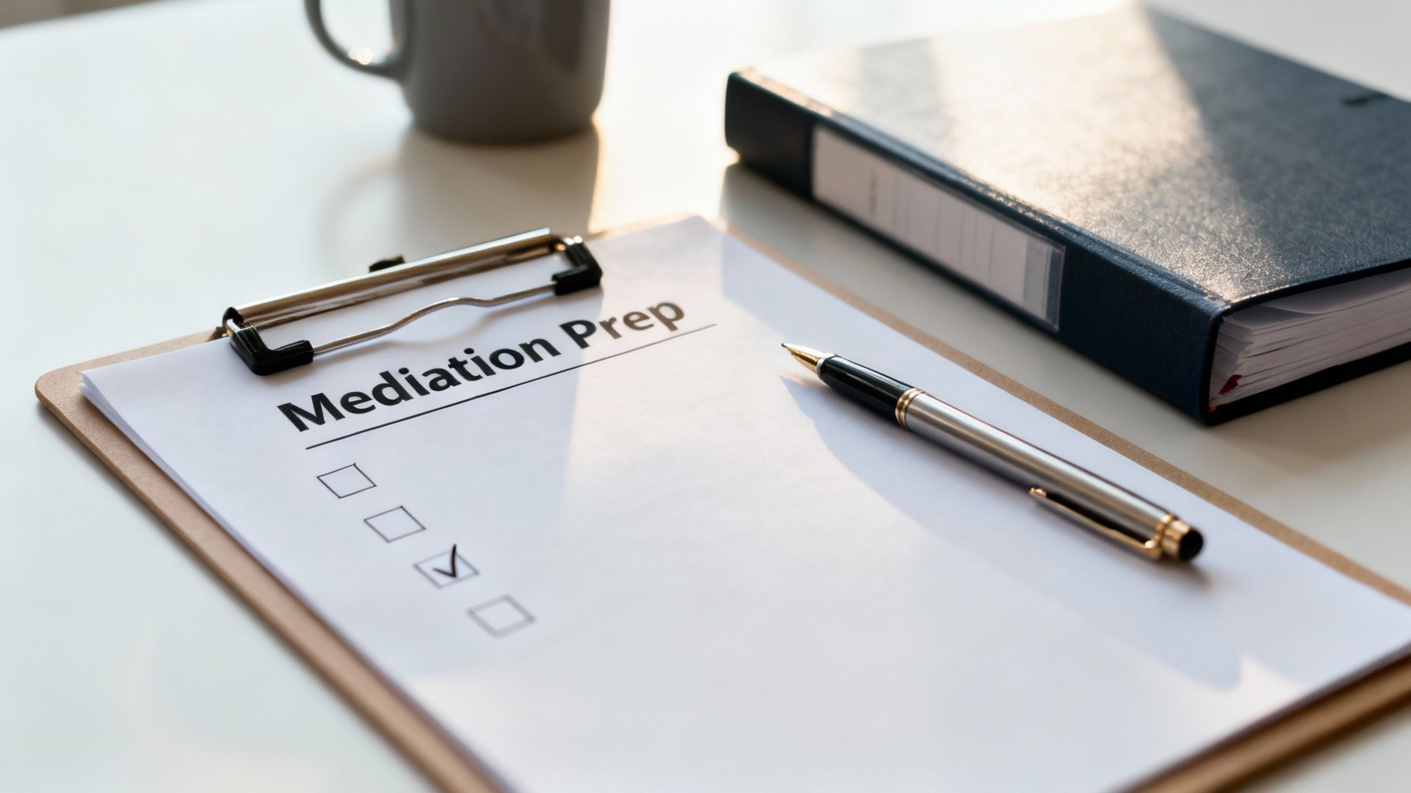 A 'Mediation Prep' checklist on a clipboard with a pen, a binder, and a mug on a white desk.