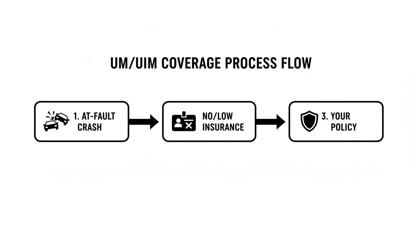 Diagram illustrating the three steps for Uninsured/Underinsured Motorist (UM/UIM) insurance claims process.