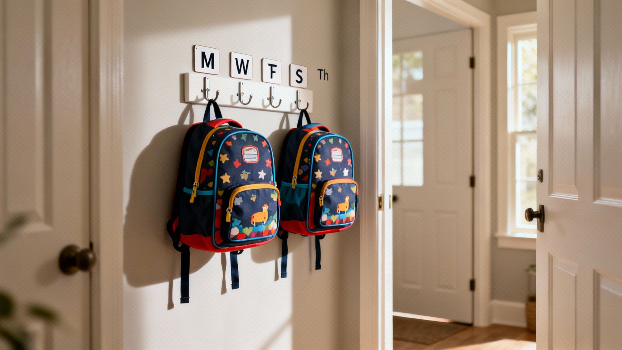 Two colorful children's backpacks hanging on hooks under day-of-the-week labels in a hallway.