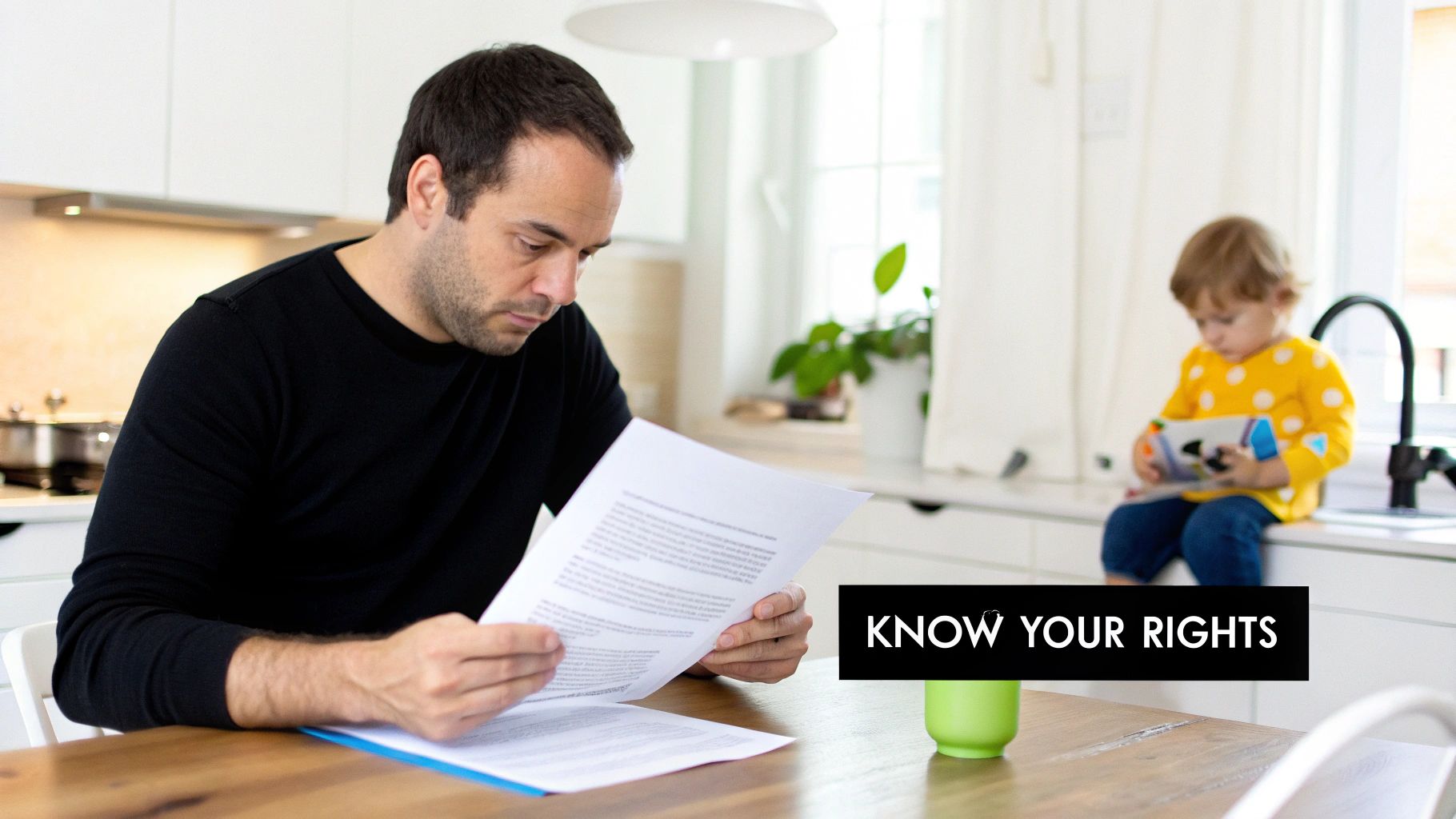 A man intensely reads legal documents at a table, with a child in the background and 'KNOW YOUR RIGHTS' text.